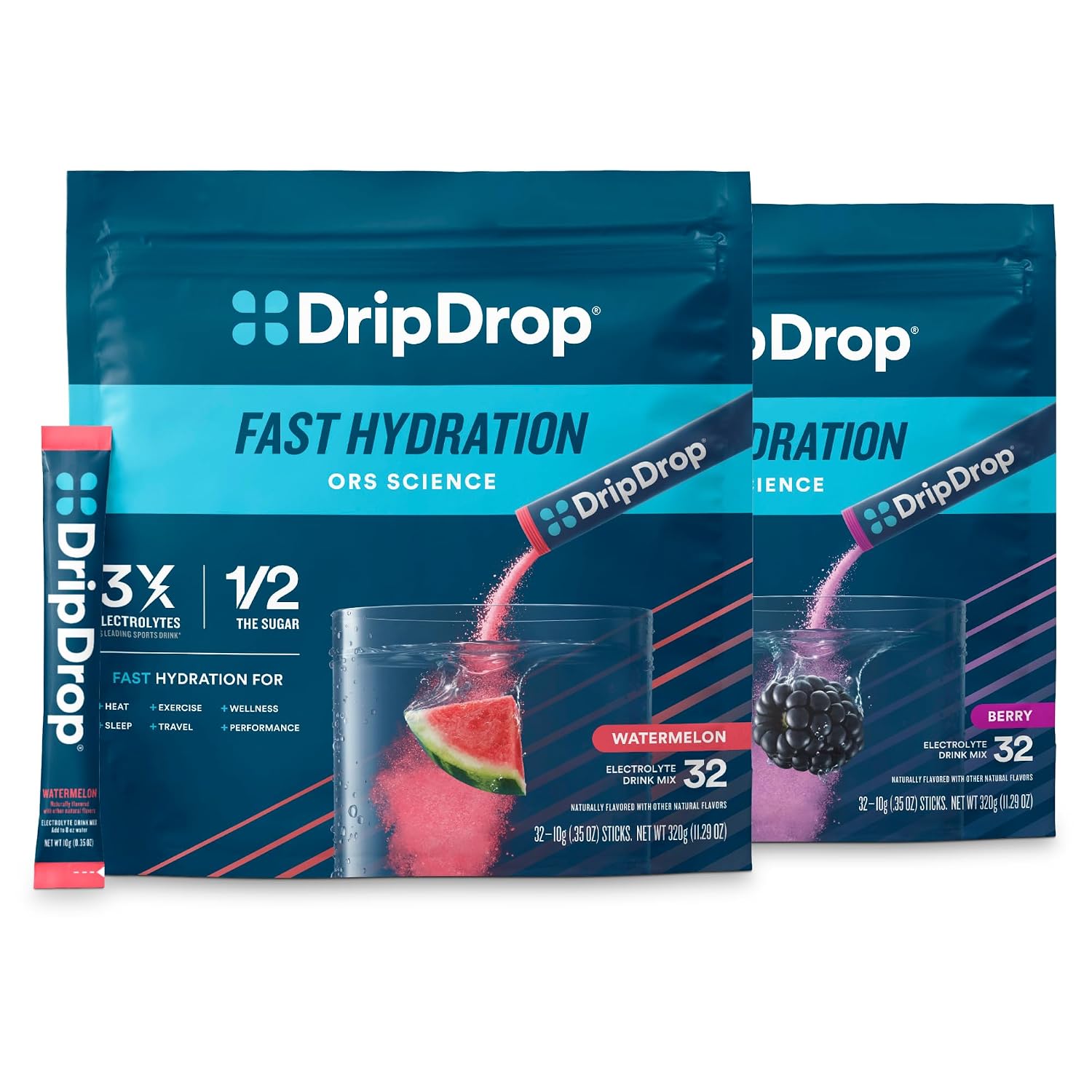 DripDrop Hydration - Electrolyte Powder Packets - Watermelon & Berry - 64 Count
