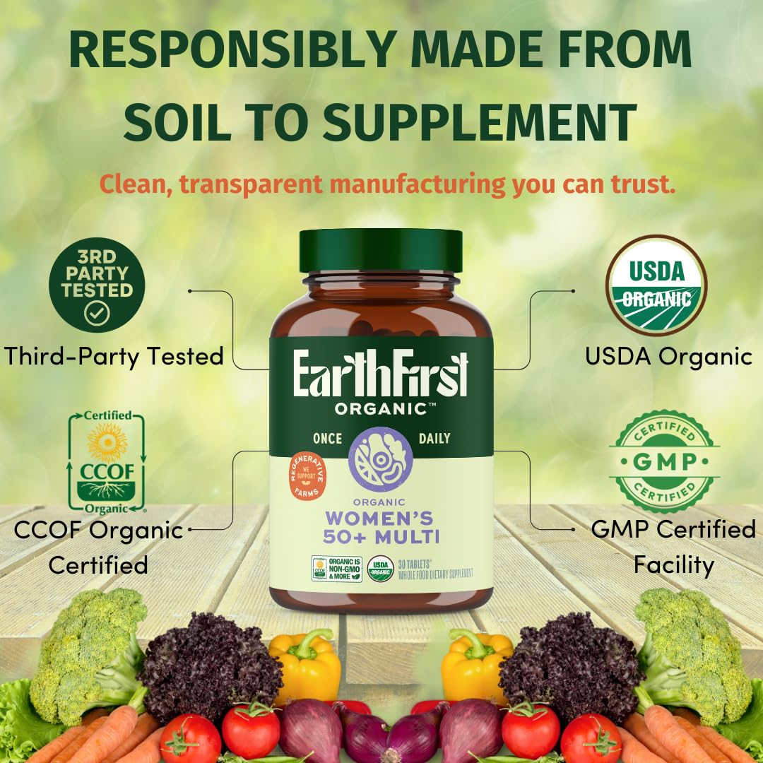 Two EarthFirst Organic supplement bottles on a white background