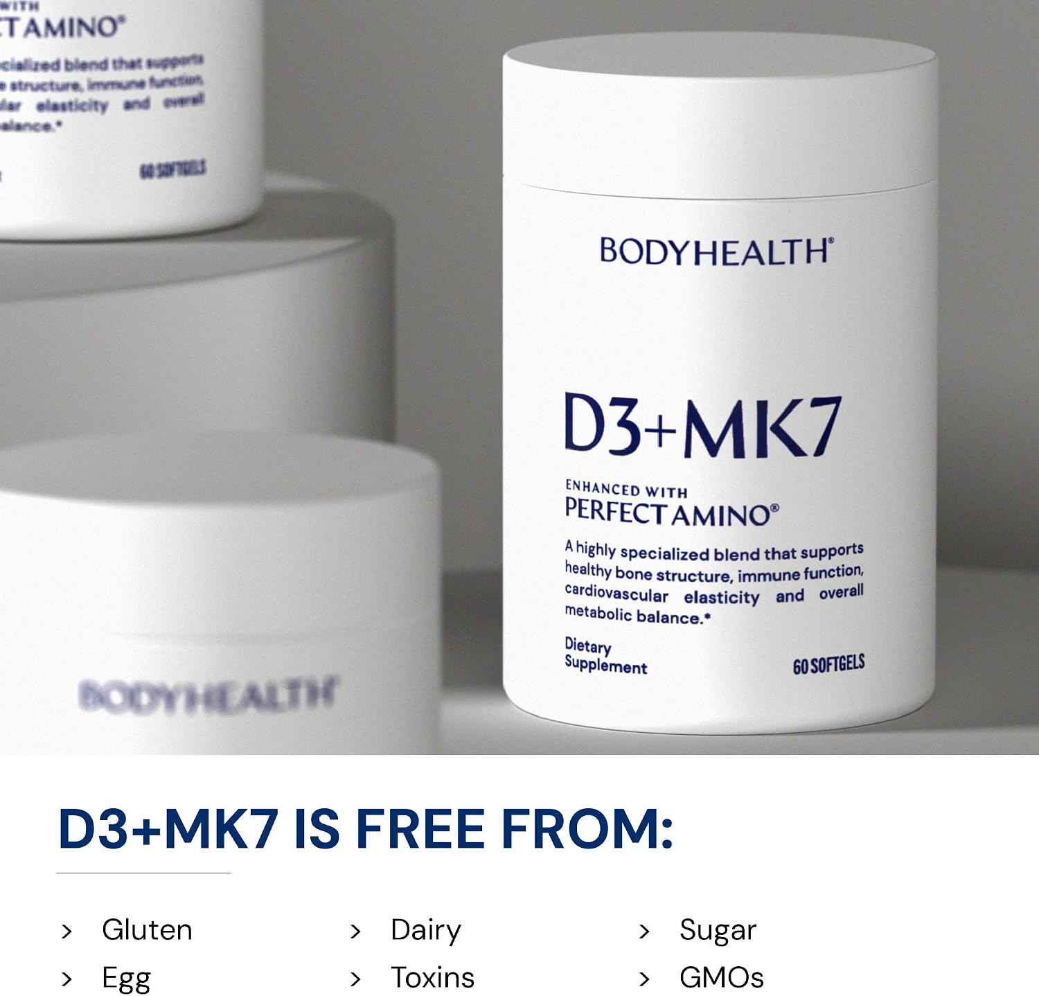 BodyHealth D3 + MK7 - Vitamin D3 5000IU, Vitamin K1, Vitamin K2 - Easy to Swallow Supplement, Supports Bone Strength & Calcium Absorbtion* - 60 Softgels