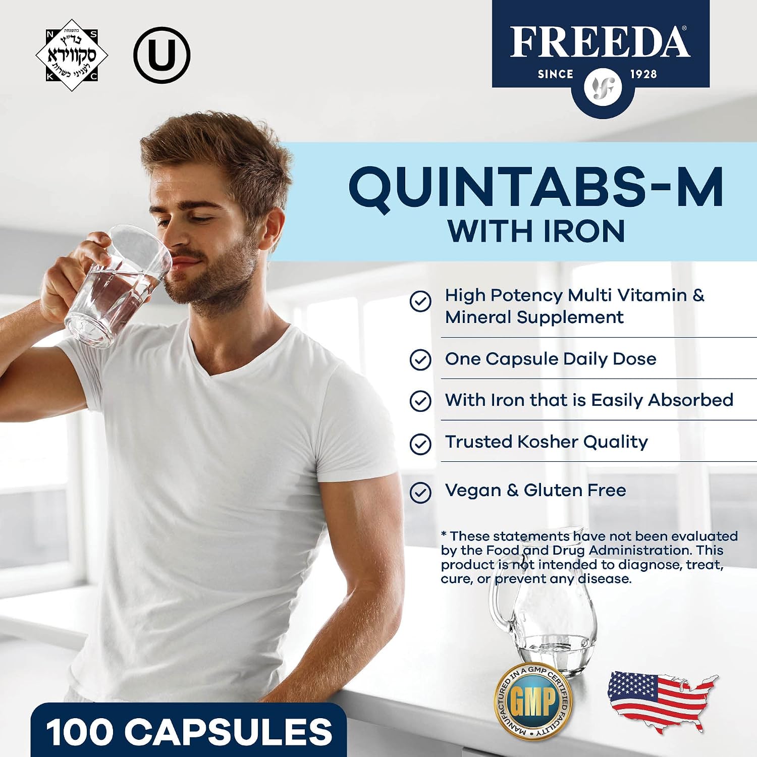 FREEDA Multivitamin – Quintabs-M with Iron – Kosher Multi Vitamins Supplements for Women Health - Multivitamins for Women & Iron-Deficient Men Adult Vitamins Multivitamin (100) | Kosher Multivitamin with Iron Formulated for Women & Men - Supporting Daily