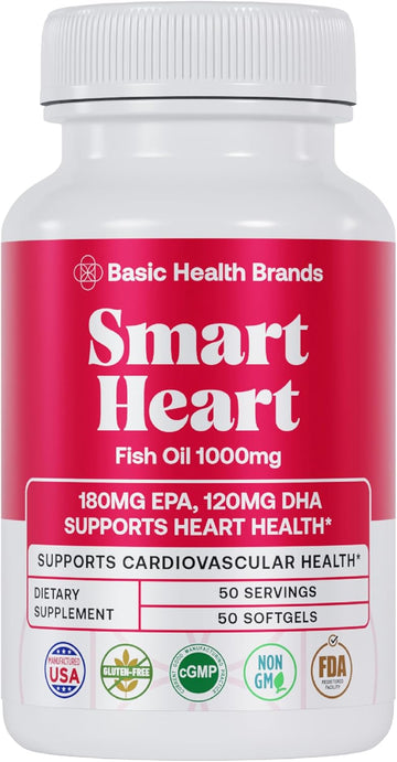 Basic Brands Smart Heart Omega-3 Fish Oil 1000 mg | Heart, Brain & Joint Health, Healthy Triglycerides, Purified Fish Oil, Non-GMO, Gluten-Free, 50 Softgels