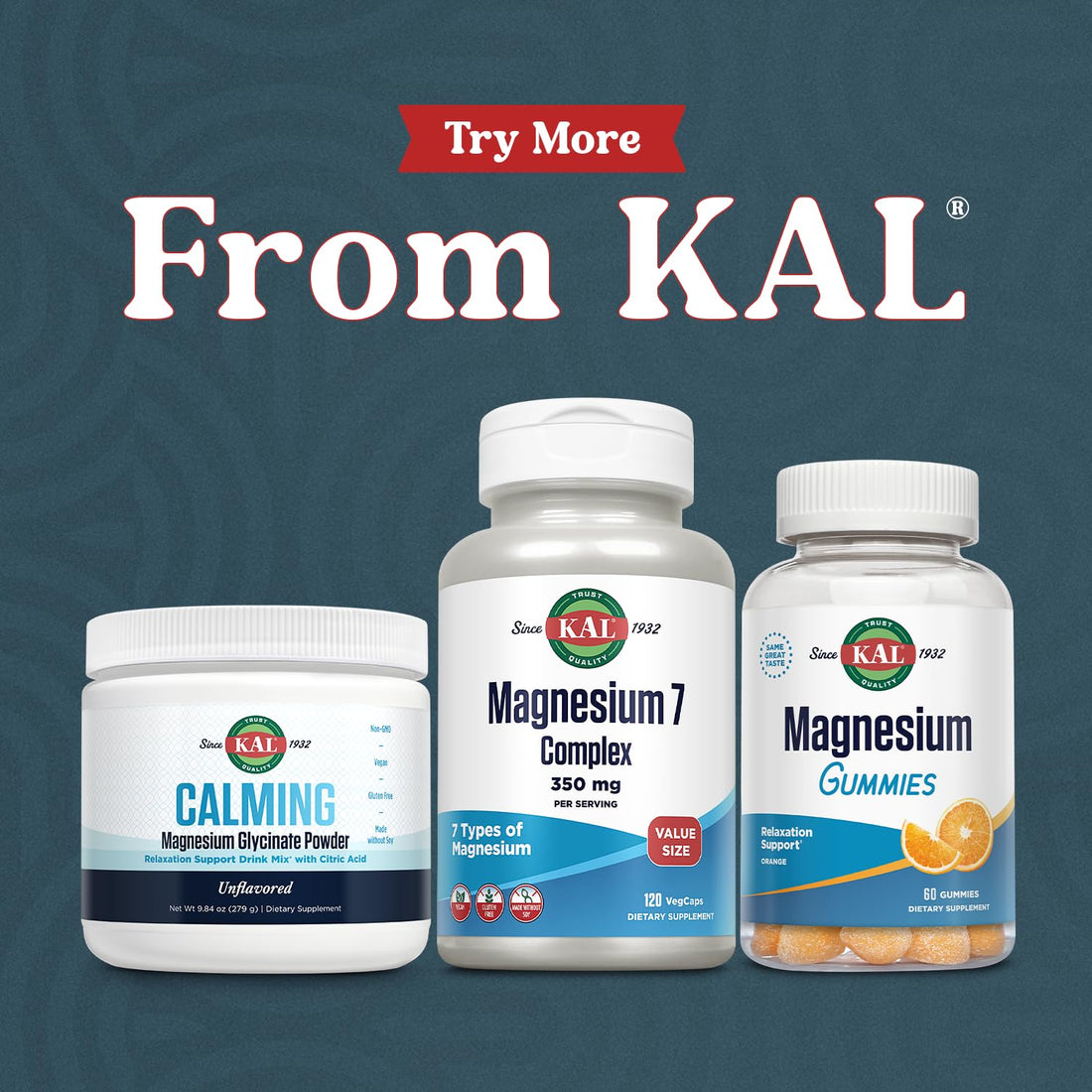 Supplement bottle labeled 'Magnesium 7 Complex' by KAL on a white background