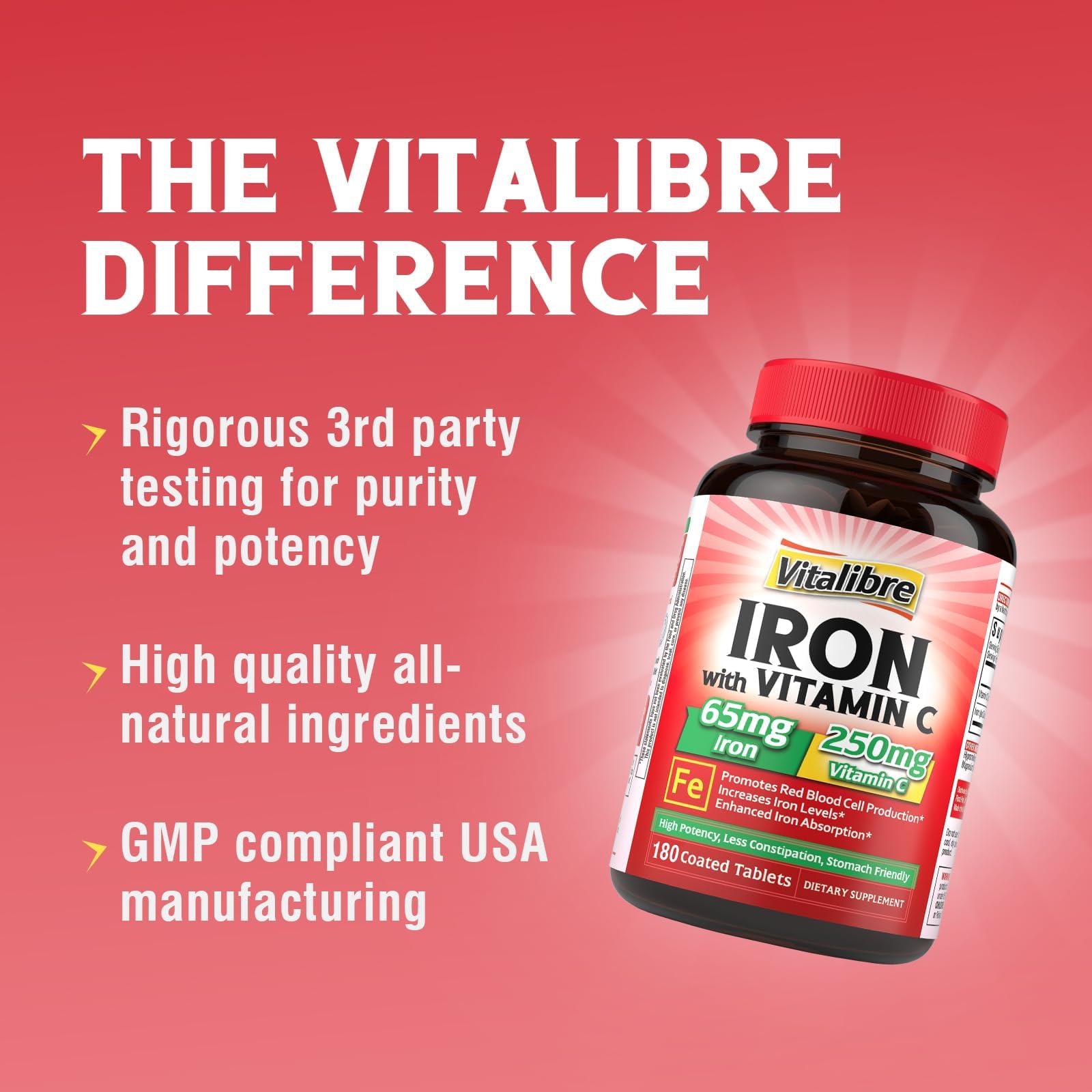 Iron Supplement, 65mg Carbonyl Iron with 250mg Vitamin C, Stomach Friendly | Iron Pills for Blood Building Women & Men, High Absorption, No Nausea, No Constipation, Non-GMO, No Gluten, 60 Vegan Tabs
