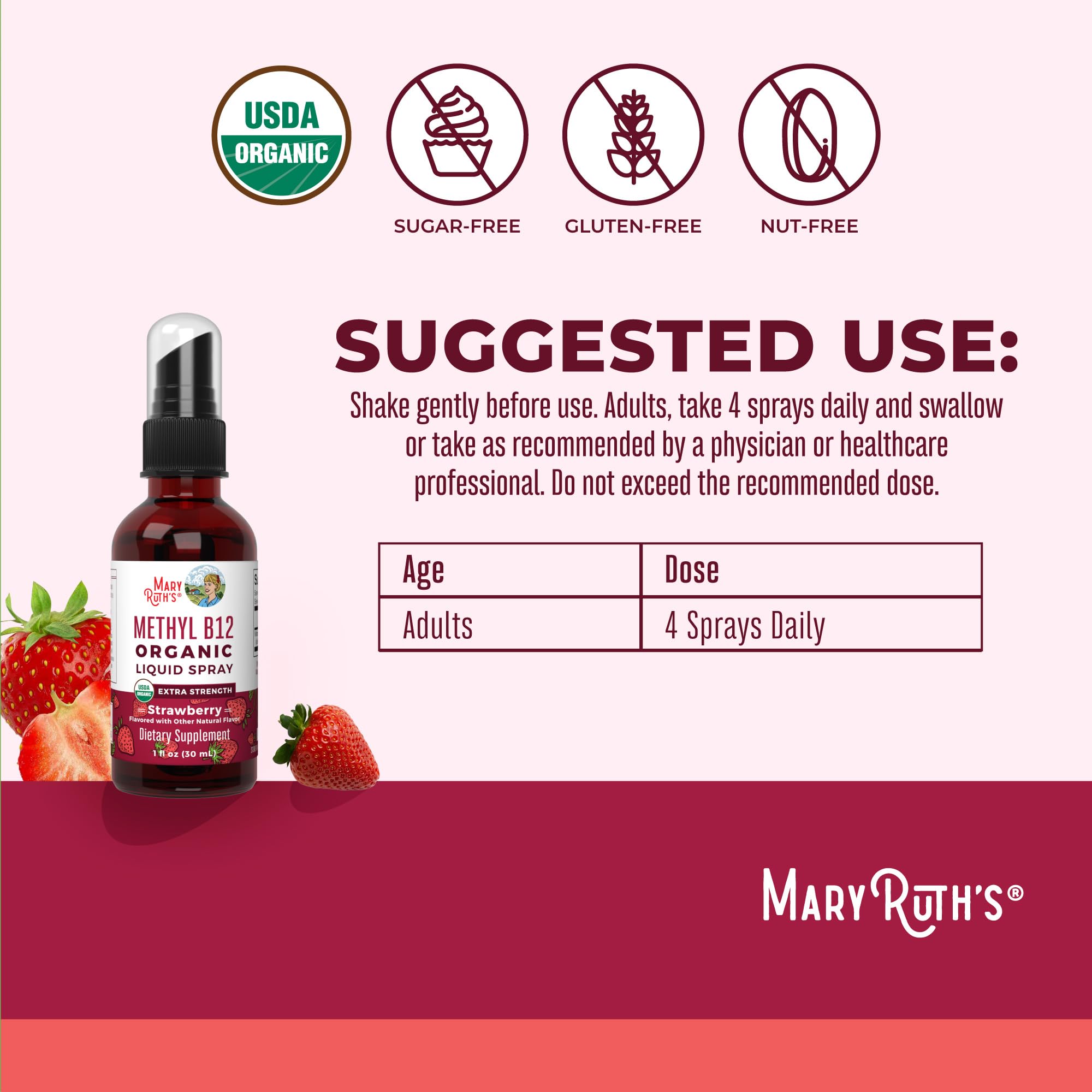 MARYRUTH'S Organic Methyl B12 Spray | 1,500 mcg B12 Per Serving | Methylcobalamin | Energy Metabolism | Cognitive Function | Neuro Health | Vegan | Gluten Free | Sugar Free | 1 Fl Oz