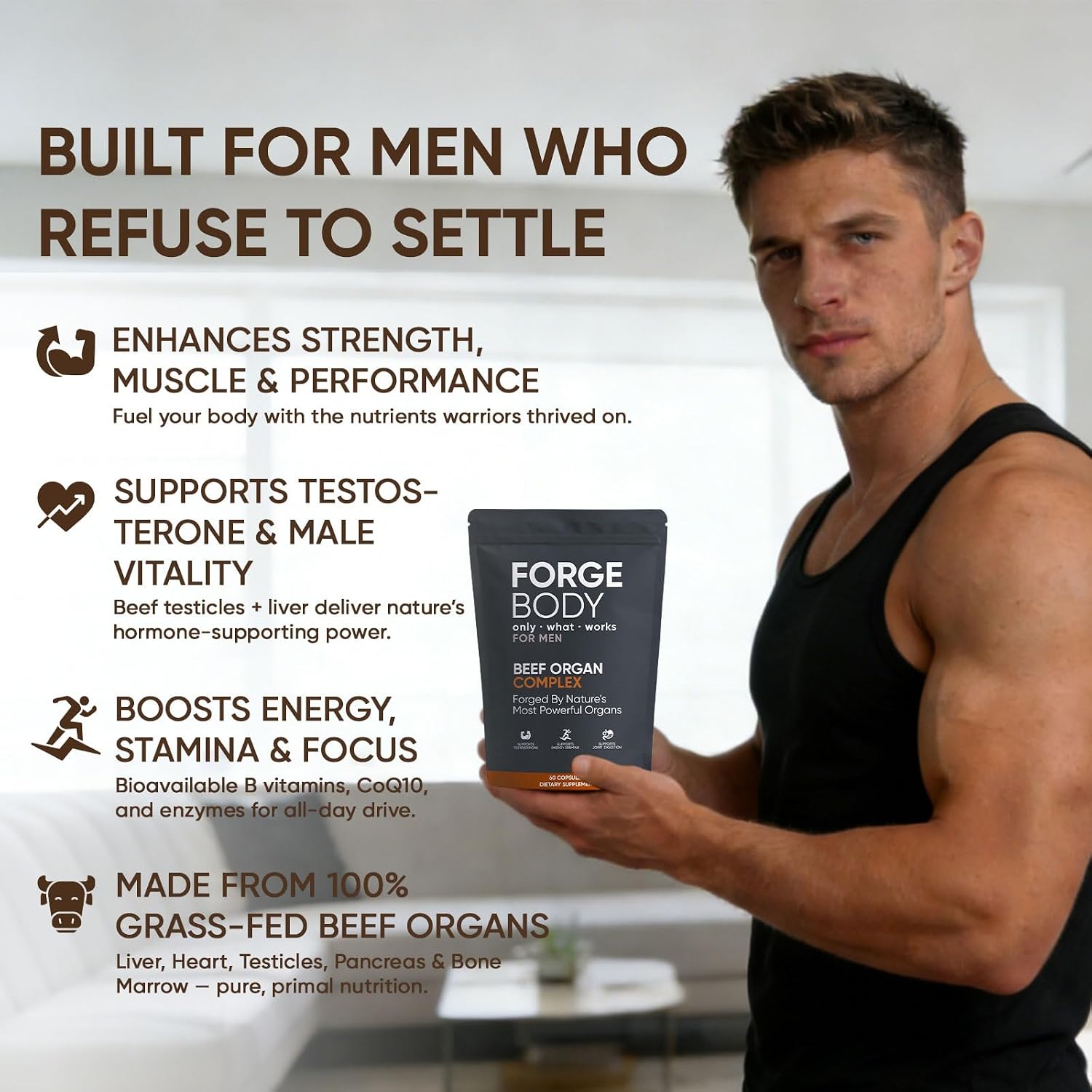 Forge body Beef Organ Complex Capsules, 100% Grass Fed Beef Liver Capsules with Blend of Liver, Heart, Bone Marrow, Pancreas, Total Body Wellness & Performance, Immune Support, Immunity & Men’s Health
