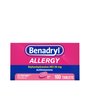 Benadryl Ultratabs Allergy Medicine, 25 mg Diphenhydramine HCl Antihistamine Tablets For Cold & Allergy Relief of Symptoms Like Sneezing, Runny Nose, Itchy Eyes & Throat, Hay Fever, 100 Count Tablets Benadryl buy supplements Au