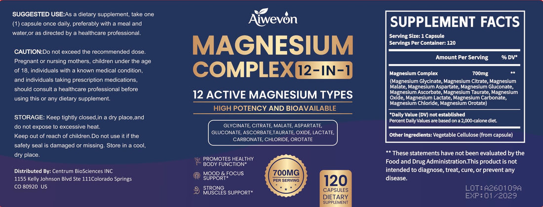 Ajwevon Magnesium Complex supplement bottle and packaging on a white background