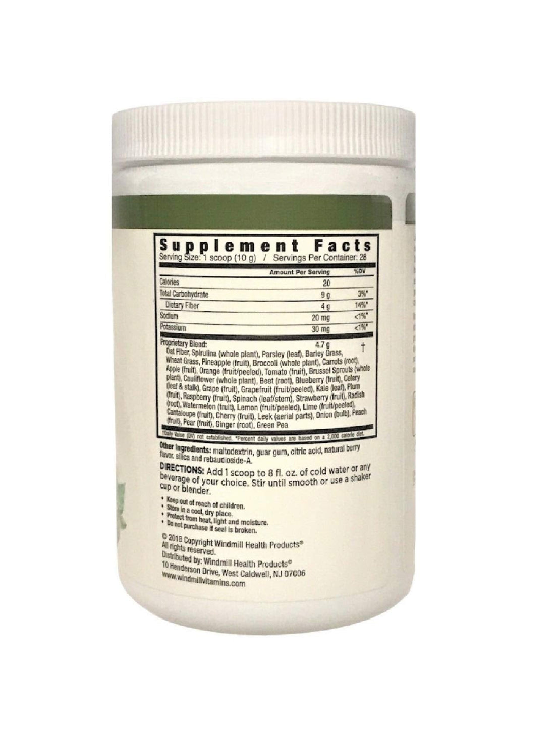 Container of Nutrition World Greens Powder on a white background