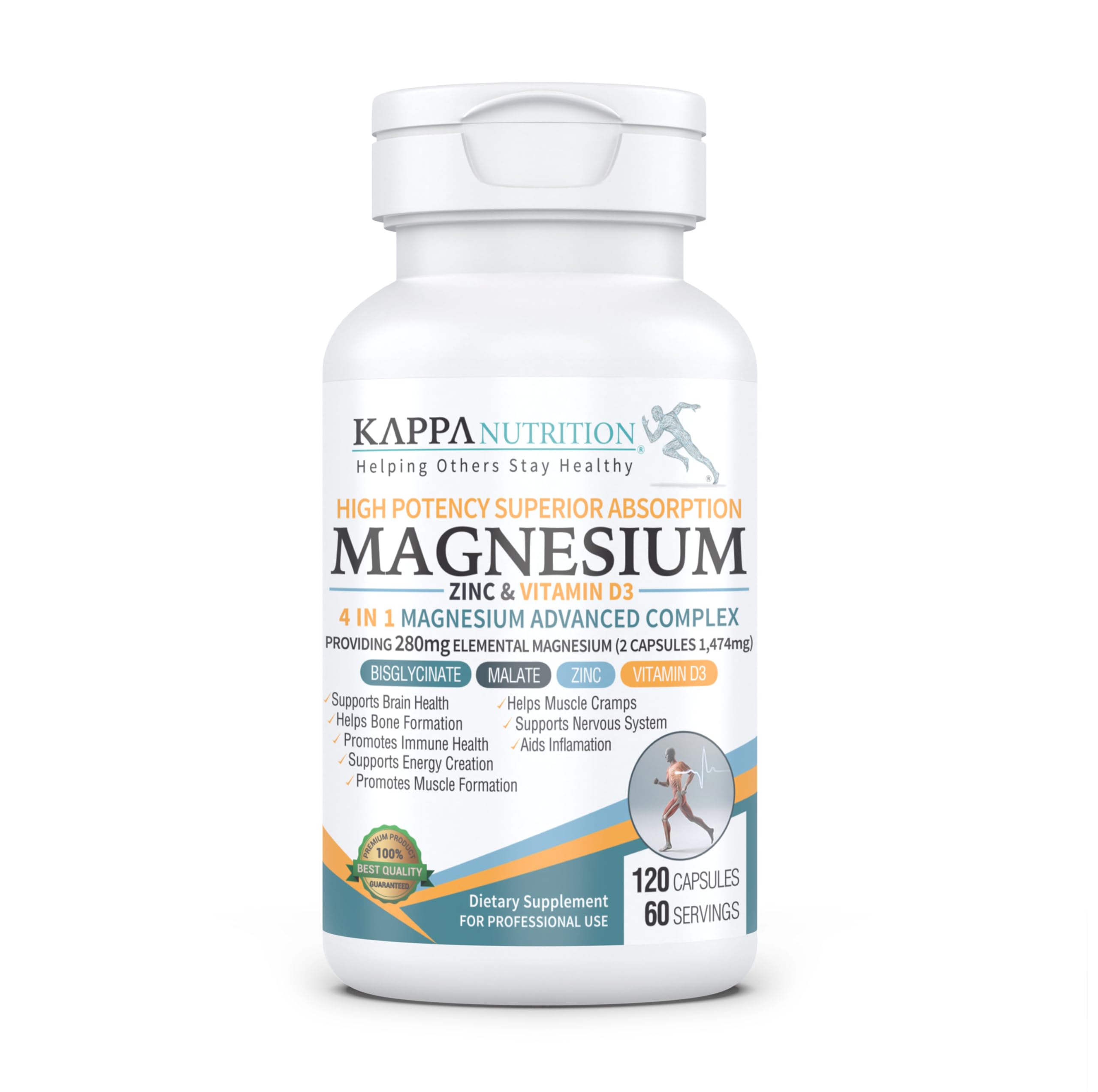 Kappa Nutrition Magnesium 4-in-1, 280mg Elemental Magnesium (Bisglycinate, Malate) + Zinc & Vitamin D3, Brain, Sleep, Energy, Muscle, Immune Support, 120 Vegan Capsules. KAPPA NUTRITIONBuy Supplements Australia