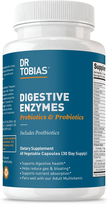 Dr. Tobias Digestive Enzymes + Prebiotics & Probiotics 60 Capsules | Digestion & Gut Support | Enzymes + Prebiotics + Probiotics + Postbiotics | Bromelain, Amylase & Lipase | 30 Servings