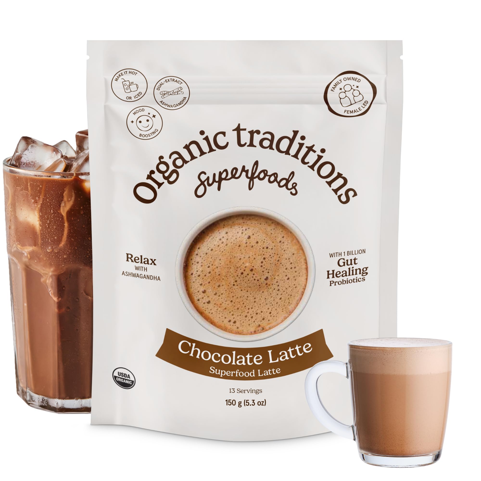 Organic Traditions Lavender Latte Calming Drink Mix, Caffeine Free Latte Blend with Lavender Powder, Tart Cherry, Probiotics, Reishi, and Ashwandha, Evening Beverage for Gentle Wind Down, 150g / 5.3oz