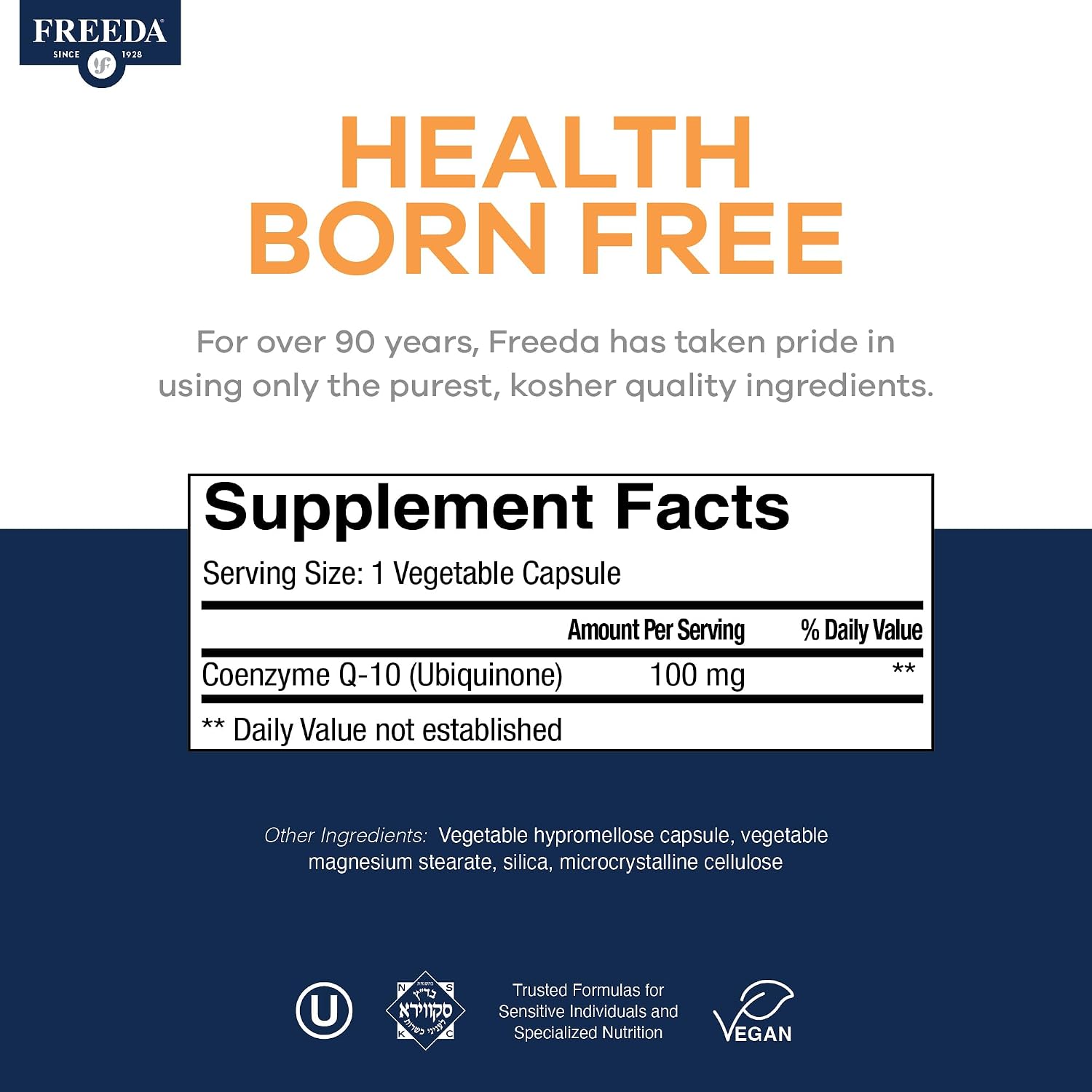 FREEDA CoQ10 100mg - Kosher Coenzyme Q10 Dietary Supplement for Cardiovascular Heart Health, Blood Pressure Support, Oral Gum Health, and Healthy Aging - Pure CoQ10 Capsules, 100 Count | Supports Oral Gum Health, Immune Support, & Healthy Aging – Pure Ant