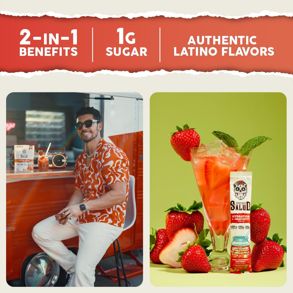 Salud 2-Pack | 2-in-1 Hydration + Immunity (Strawberry) & Energy + Focus (Pineapple Mango) – 15 Servings Each, Agua Fresca Drink Mix, Non-GMO, Gluten Free, Vegan, Low Calorie, 1g of Sugar