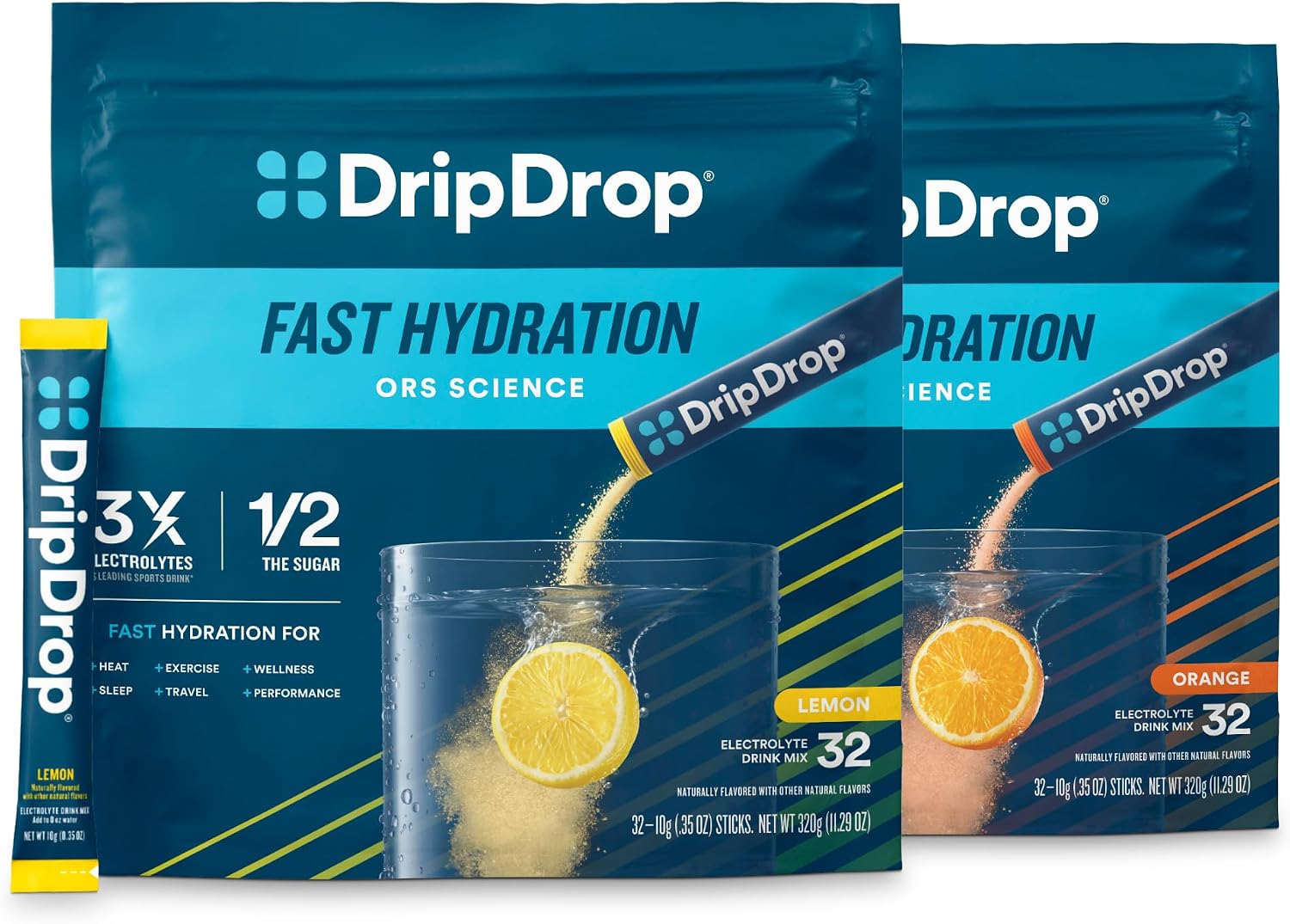 DripDrop Hydration Lemon & Orange Bundle, Electrolyte Packets, 64 Count | Lemon, Orange; 3X Electrolytes; Potassium, Magnesium, Zinc, Vitamin C; Single Serve; Portable; Daily Use, Workouts, Travel