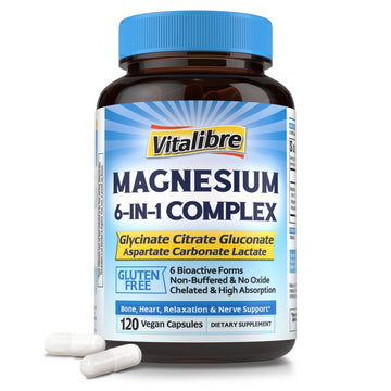 Vitalibre Magnesium 6-in-1 Complex supplement bottle with blue cap and white label on a white background