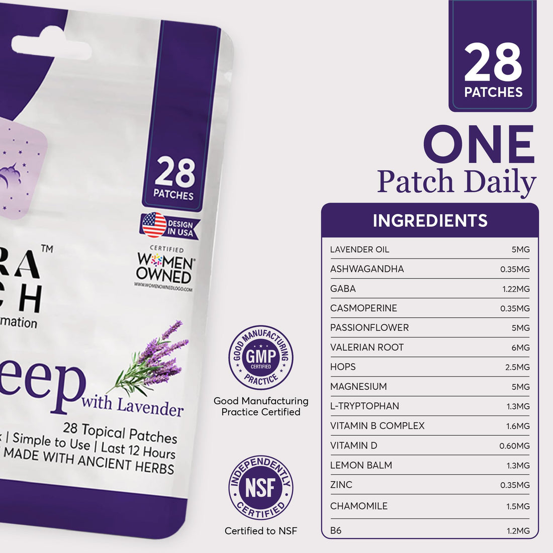 Zovira Patch packaging for sleep with lavender, showing 28 patches on a white background.