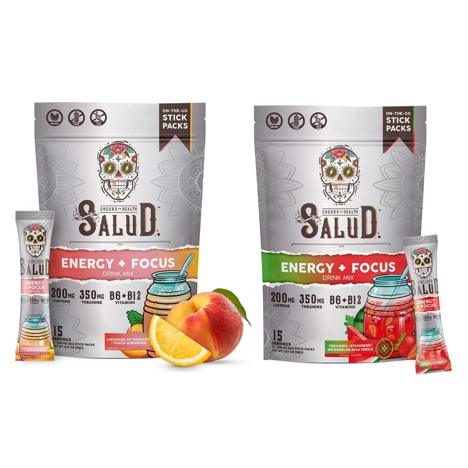 Salud 2-Pack |2-in-1 Energy + Focus (Peach Lemonade) & Energy + Focus (Strawberry Watermelon) – 15 Servings Each, Agua Fresca Drink Mix, Non-GMO, Gluten Free, Vegan, Low Calorie, 1g of Sugar