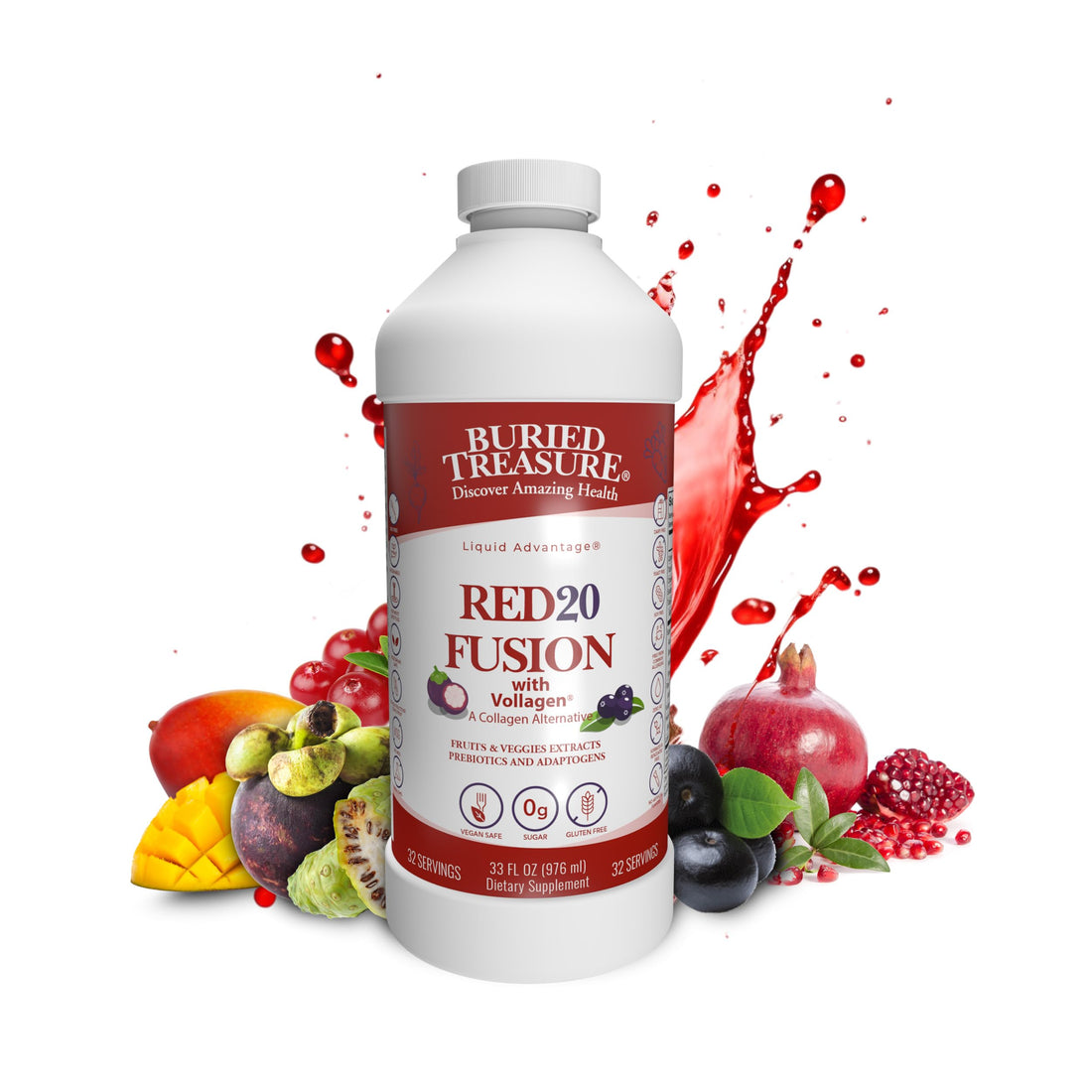 Buried Treasure Red20 Fusion Superfood Blend – Acai, Beets, Blueberry, Fiber, Adaptogens, Lutein, Vegan Vollagen, Natural Energy, Digestion, Eye Health & Wellness Support, 32oz Liquid Buried TreasureBuy Supplements Australia