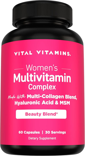 Vital Vitamins Women's Multivitamin Complex with Collagen & Hyaluronic Acid | 25 Vitamins and Minerals, Multi-Collagen Blend, Hyaluronic Acid & MSM for Hair, Skin & Nails, 60 Capsules