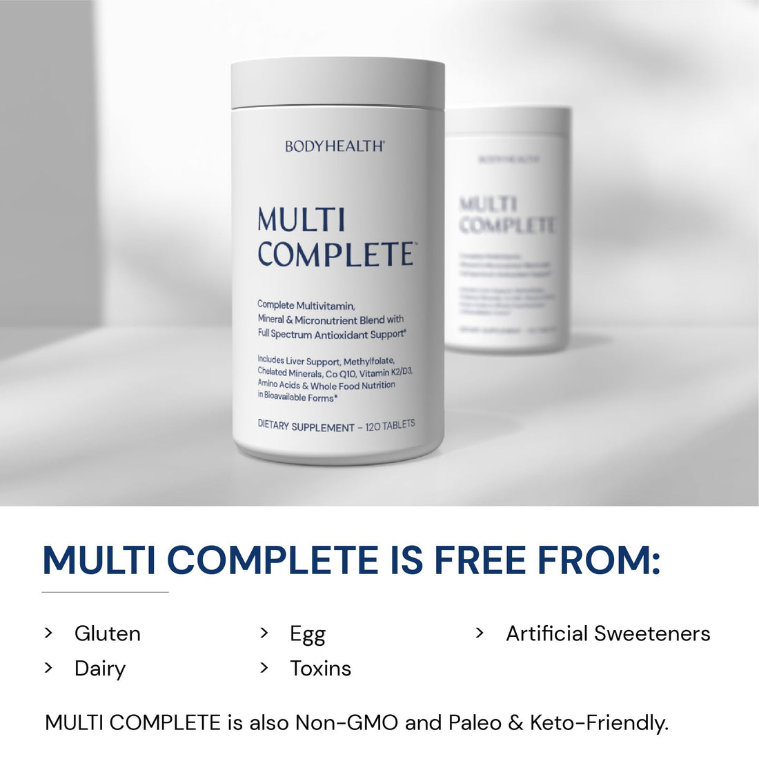 Multivitamin supplement container labeled 'Multi Complete' by BODYHEALTH on a white background.