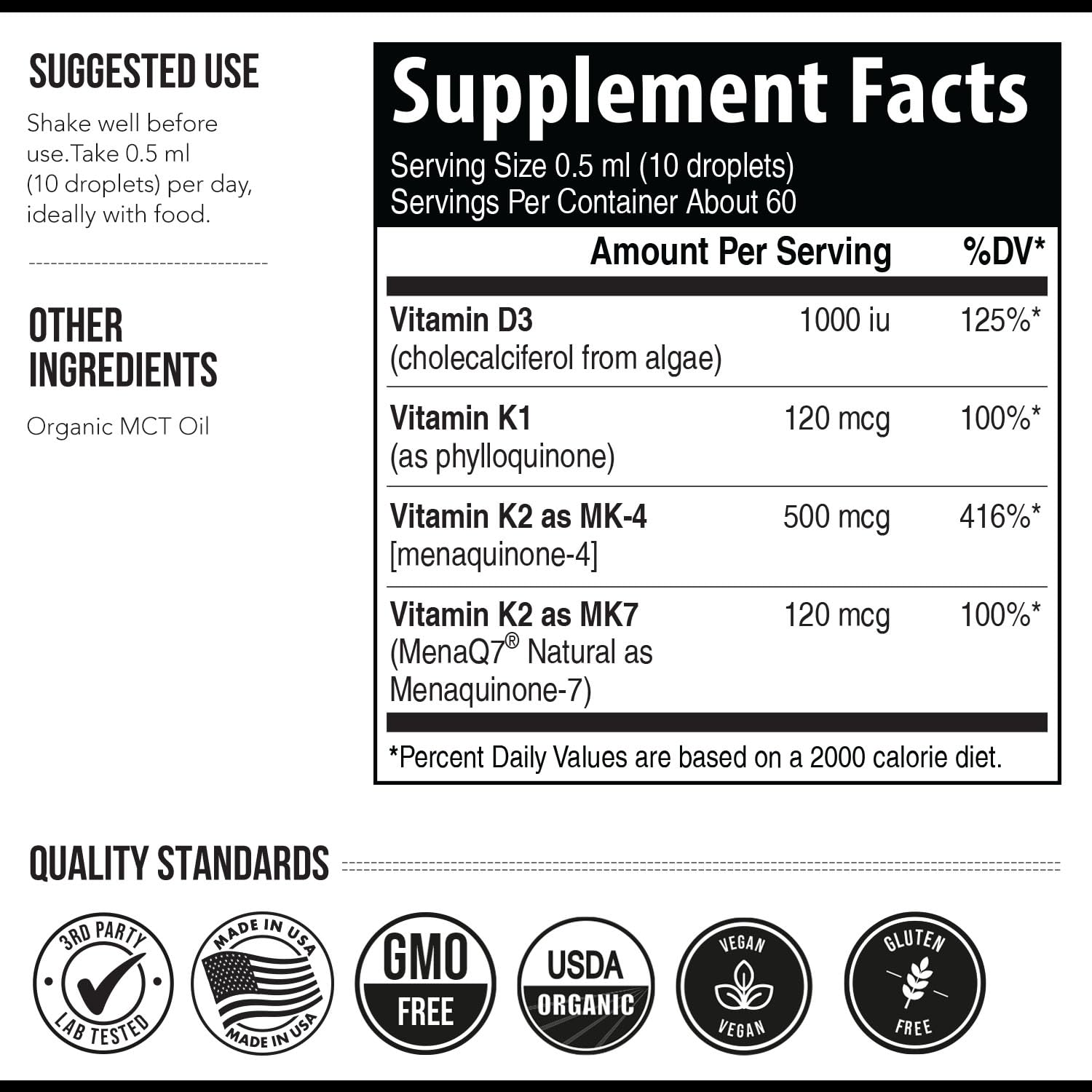 Total K2® | Vitamin K2 as MK7 & MK4 | Plus K1 & Vitamin D3 Cofactor - 620 mcg K2 per Serving - All-Trans MK7 from MenaQ7® - Full-Spectrum Vitamin K - Vegan, Organic Certified (60 Capsules)