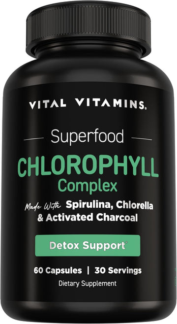 Vital Vitamins Chlorophyll Pills with Spirulina, Chlorella & Charcoal | Detoxifies & Freshens from Within, Natural Body Deodorizer, Superfood Complex for Women & Men, 60 Capsules