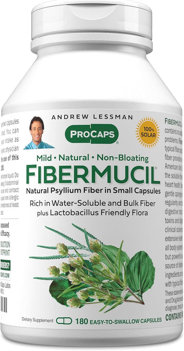 Andrew Lessman ProCaps Fibermucil Psyllium Husk Fiber 180 Capsules | Psyllium Husk Powder with Soluble & Insoluble Fiber plus Lactobacillus Sporogenes. No additives. Easy-to-swallow capsules.