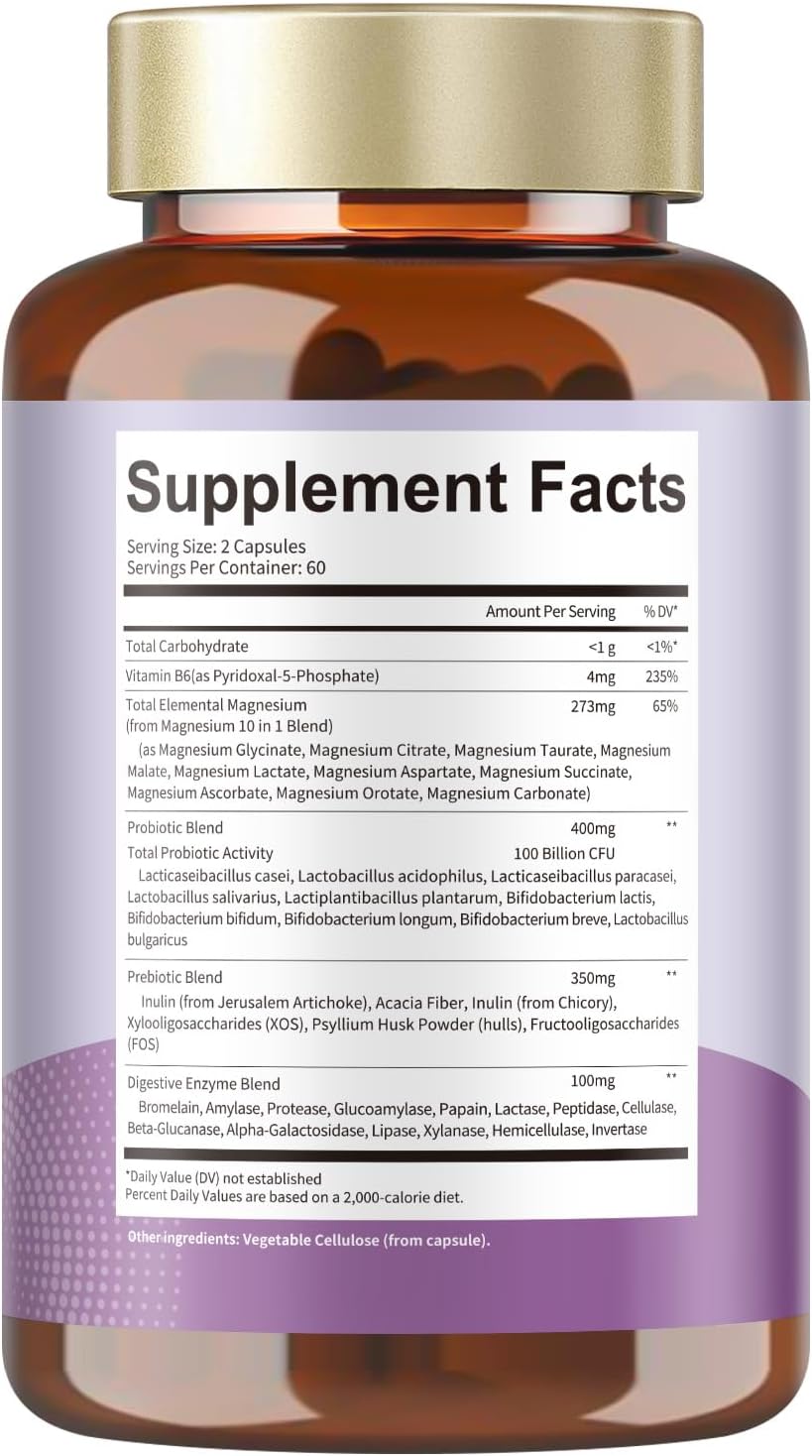 10-in-1 Magnesium Complex Supplement with Probiotics Prebiotics & Digestive Enzymes, 100 Billion CFU Probiotics for Women, High Absorption for Muscle, Sleep Calm, Gut & Digestive Health, Vegan Non-GMO