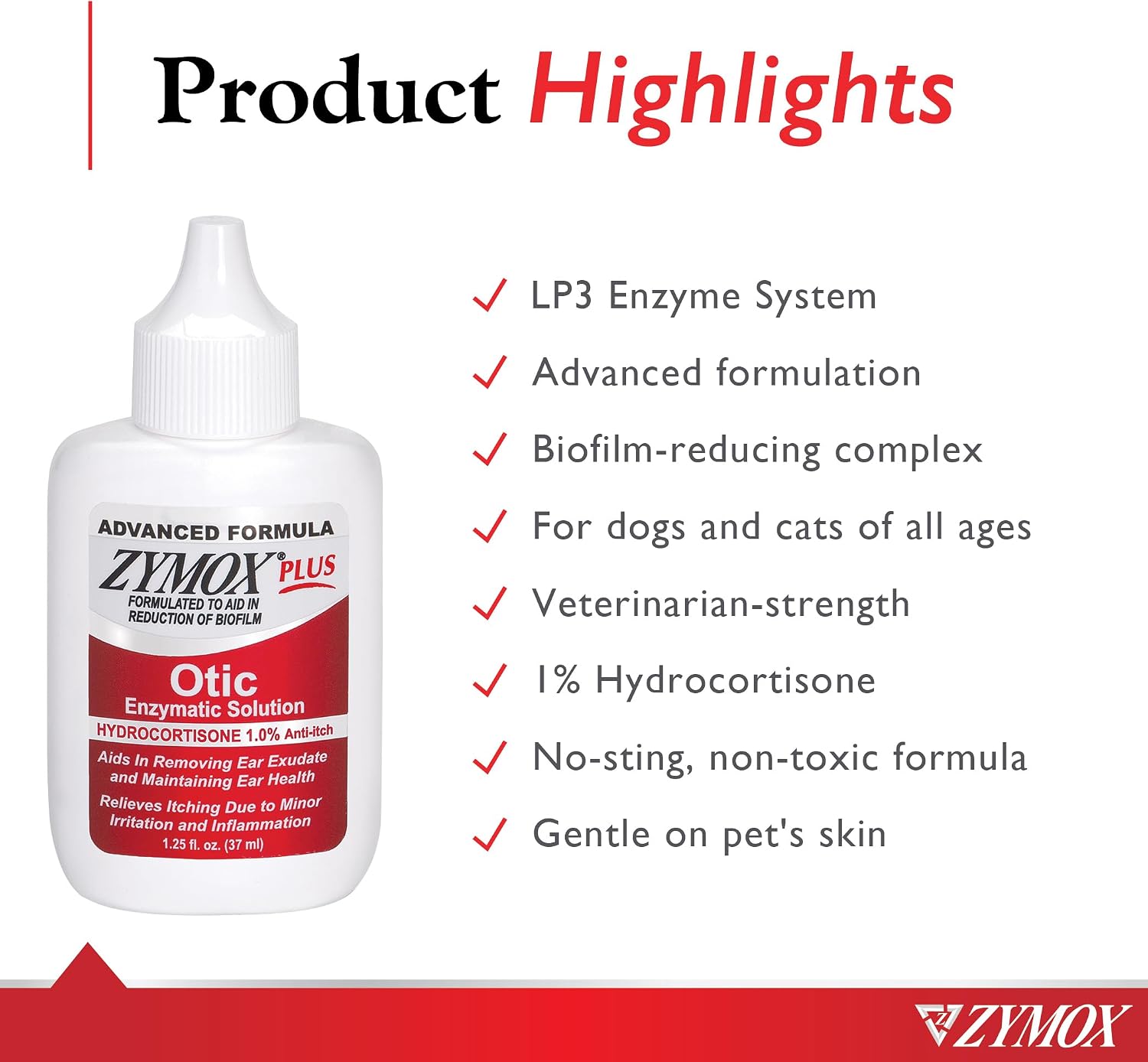 Zymox Advanced Formula Otic Plus Enzymatic Ear Solution for Dogs and Cats | with 1% Hydrocortisone, 1.25oz