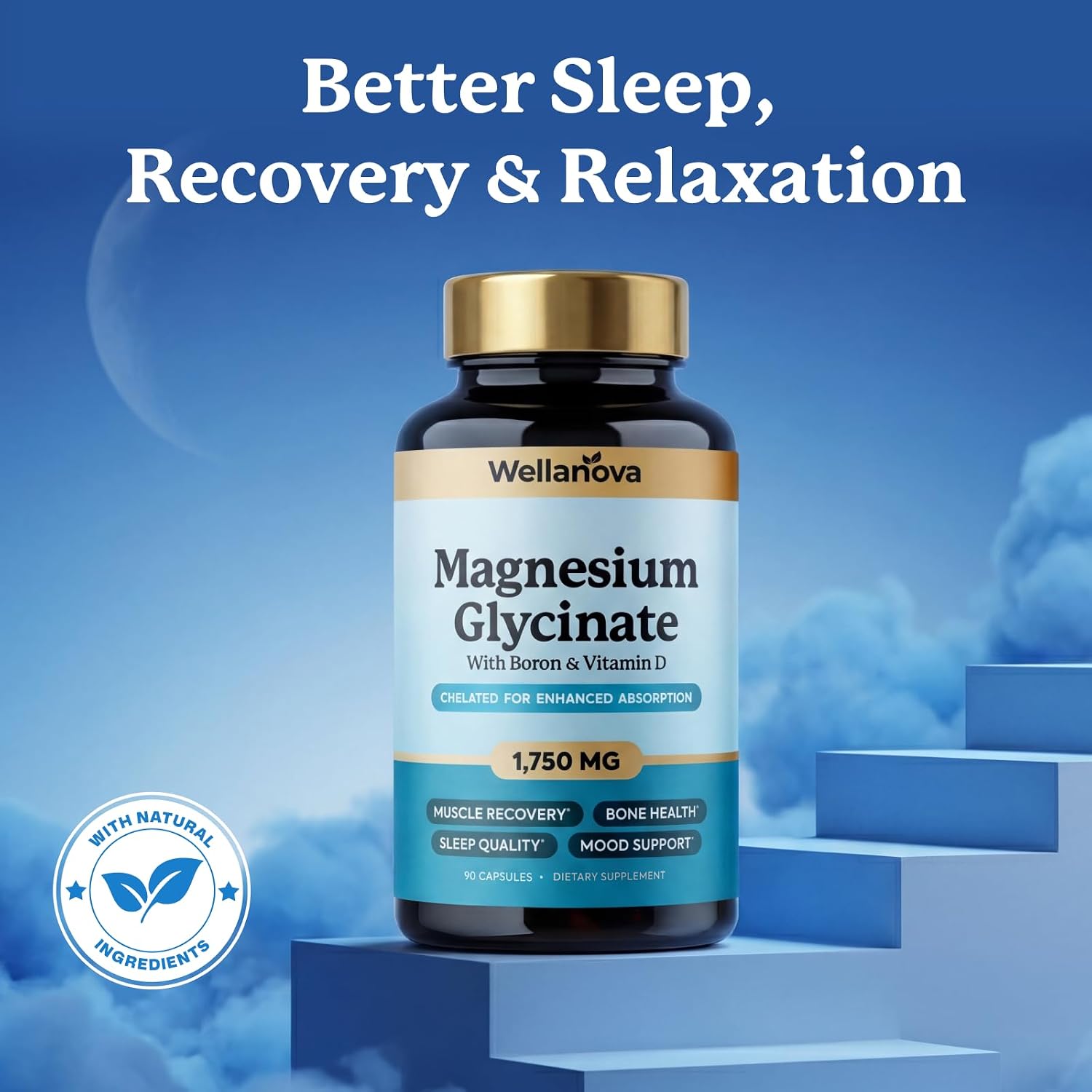 Magnesium Glycinate (Chelated) 1,750 mg – Supplement to Support Stress | Stress Relief, Sleep, Muscle Relaxation & Recovery, With Boron & Vitamin D3, High Absorption, For Women & Men, 90 Capsules