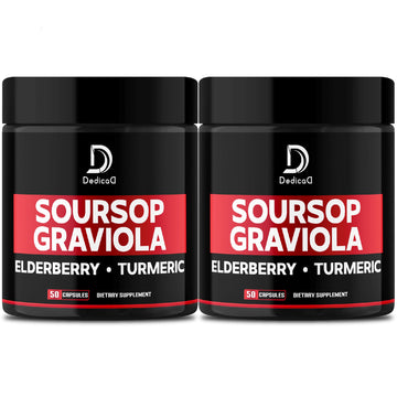Two bottles of Deditca Soursop Graviola dietary supplement with black and red labels on a white background.