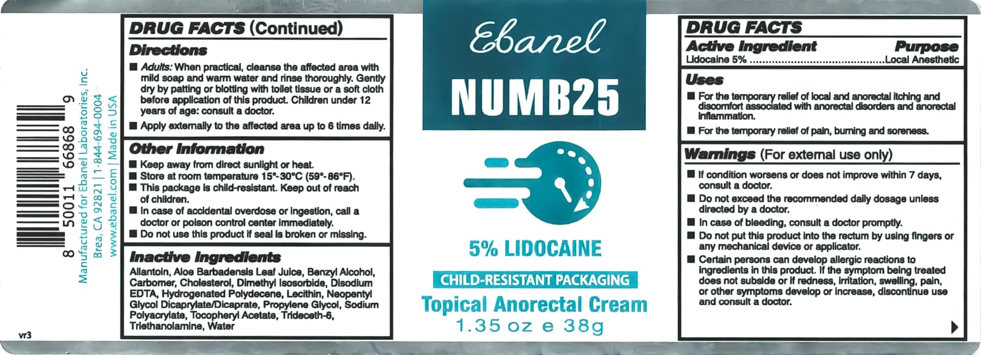 Ebanel 5% Lidocaine Numbing Cream, Pain Relief Burn Itch Numb Cream, Maximum Strength Numb25 Topical Anesthetic with Allantoin, Vitamin E for Local and Anorectal Uses, Hemorrhoid Treatment, 1.35 Oz