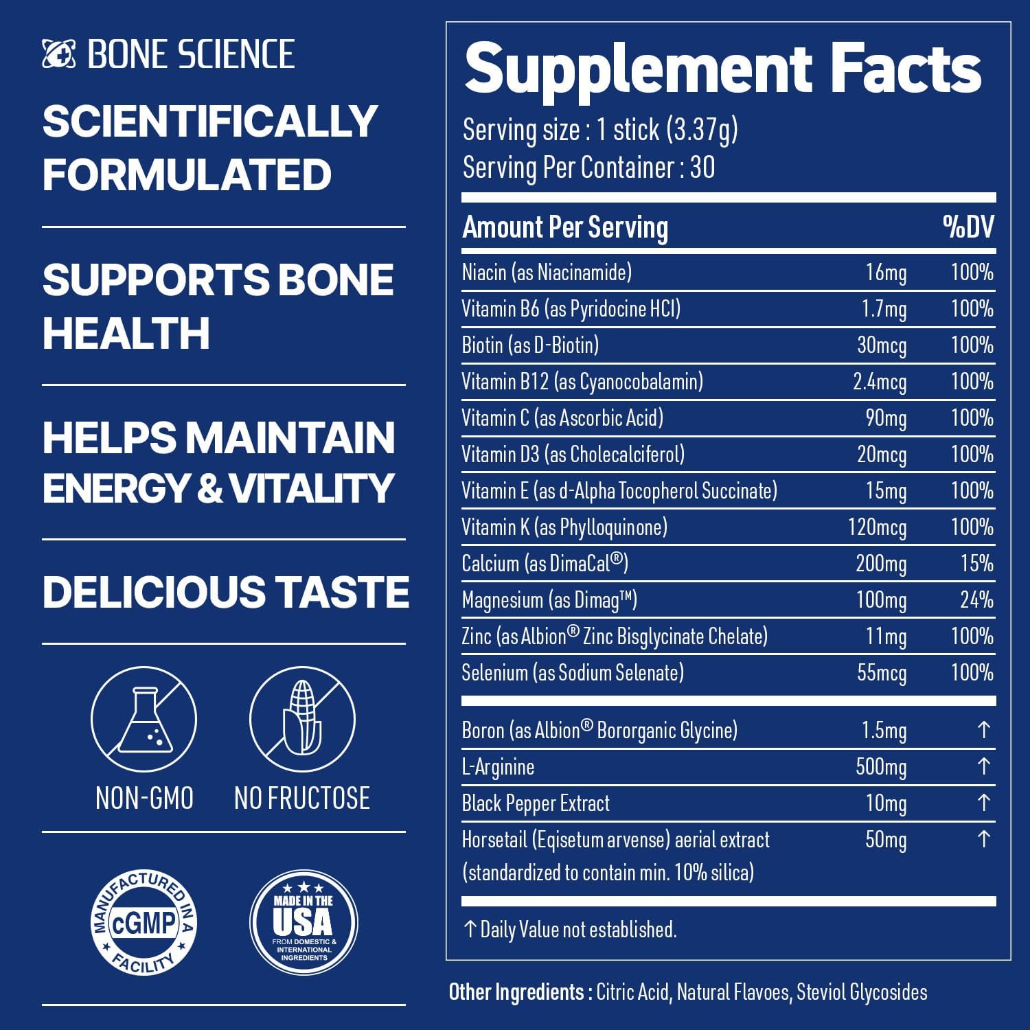 BONE SCIENCE PrimeHeight Multivitamin Powder for Kids & Teens, Bone & Immune Support, Sugar-Free Lemon Lime Flavor, 16 Key Nutrients, Easy Drink Mix, 30 Sticks
