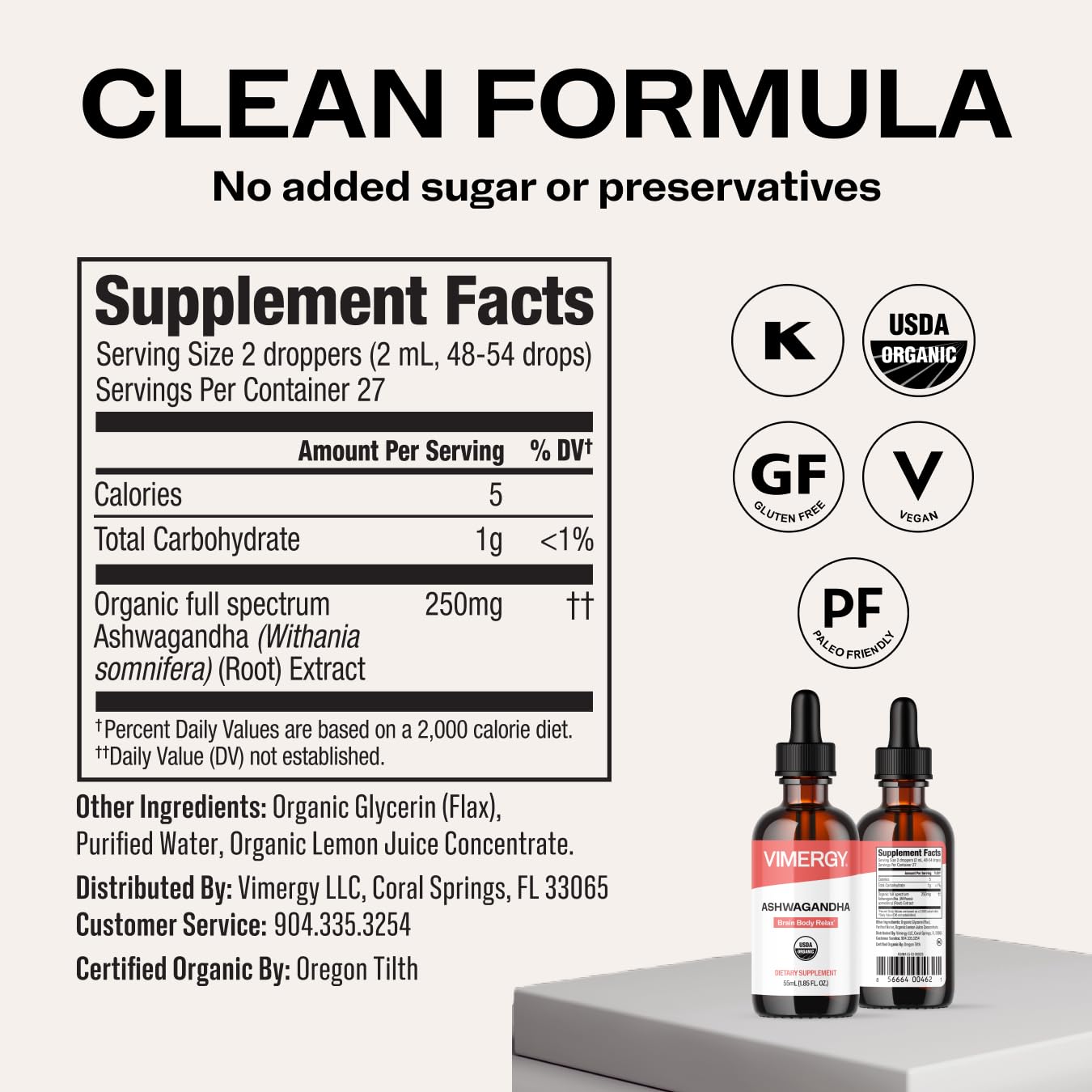 Vimergy USDA Organic Ashwagandha Liquid Extract – 57 2mL Servings (220mg Extract per Serving). Stress Adaptogen, Cognitive & Sleep Support. Alcohol-Free, Non-GMO (115 mL)