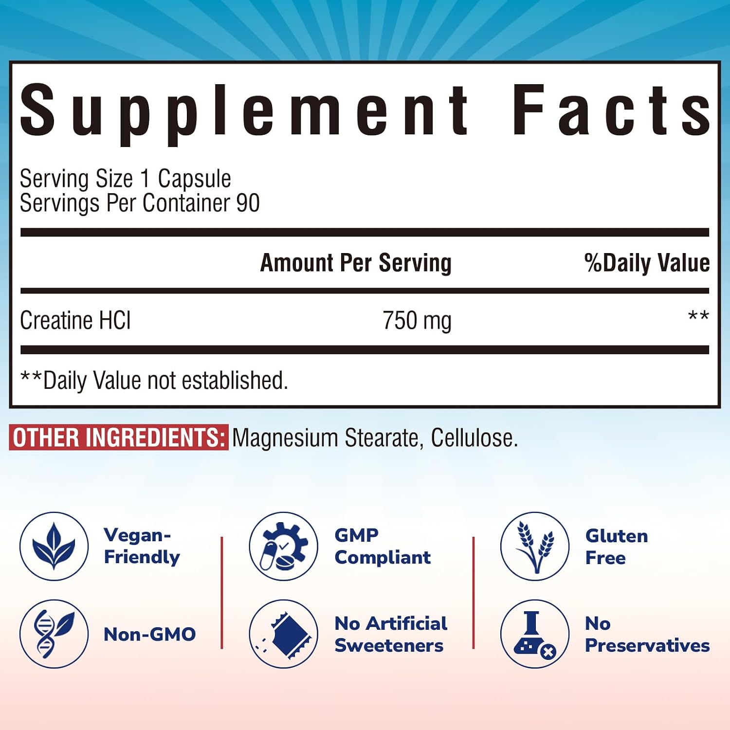 Vitalibre Creatine HCl Capsule, 750mg High Absorption Creatine Hydrochloride, Endurance, Strength, Fast Absorbing, No Load, No Bloat, Monohydrate Micronized Alternative, Once Daily, 90 Capsules