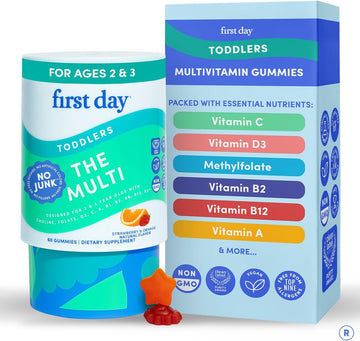 Toddler Multivitamin Gummies for Ages 2 & 3 – No Fake Sugars, No Artificial Colors, No Fillers – Choline, 10 Essential Nutrients, 21 Organic Superfoods – Clean Label Purity Award – 60 Count | First Day toddler vitamins for ages 2-3: vegan toddler vitamin