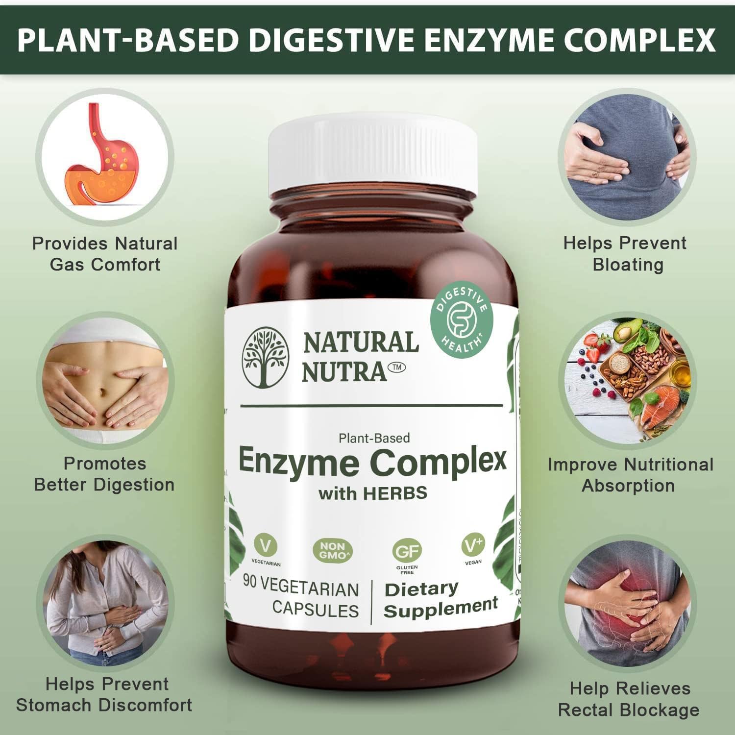 Natural Nutra Plant-Based Digestive Enzyme Complex, 90 Count | Herbal Ingredients, Ginger, Fennel & Cinnamon, Vegan Capsules