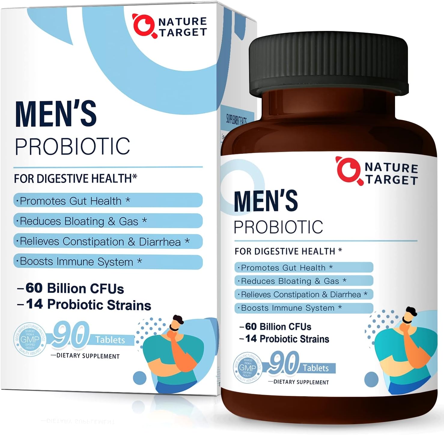 NATURE TARGET Probiotics for Men, 60 Billion CFU, 90 Veggie Tablets | 14 Strains Probiotics & Prebiotics for Men's Digestive & Immune Health, Shelf Stable, Gluten & Soy Free