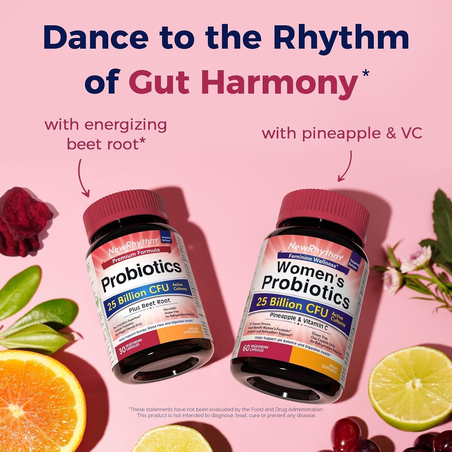NewRhythm Probiotics for Women & Men 25 Billion CFU, with Organic Beet Root Extract, Nitric Oxide, Circulation, Energy & Heart Health, All Natural, Vegan, Non-GMO, 30 Caps