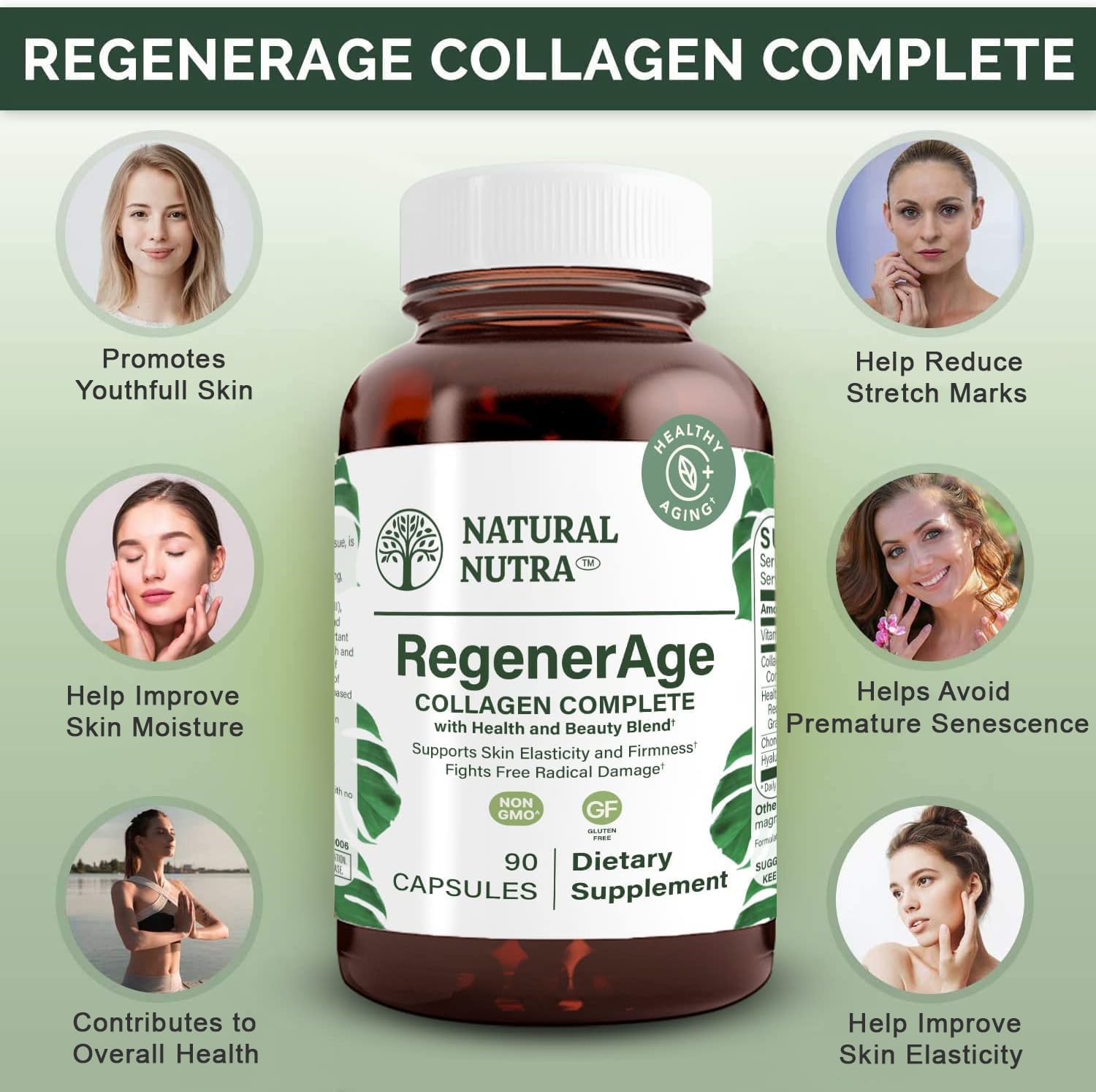 Natural Nutra Regener Age Complete Supplement for Skin Health, 90 Capsules | Protein Peptides, Reduce Stretch Marks, Contributes to Overall Health, Vitamin C, Grape Seed Red Wine Extract, Gluten-Free