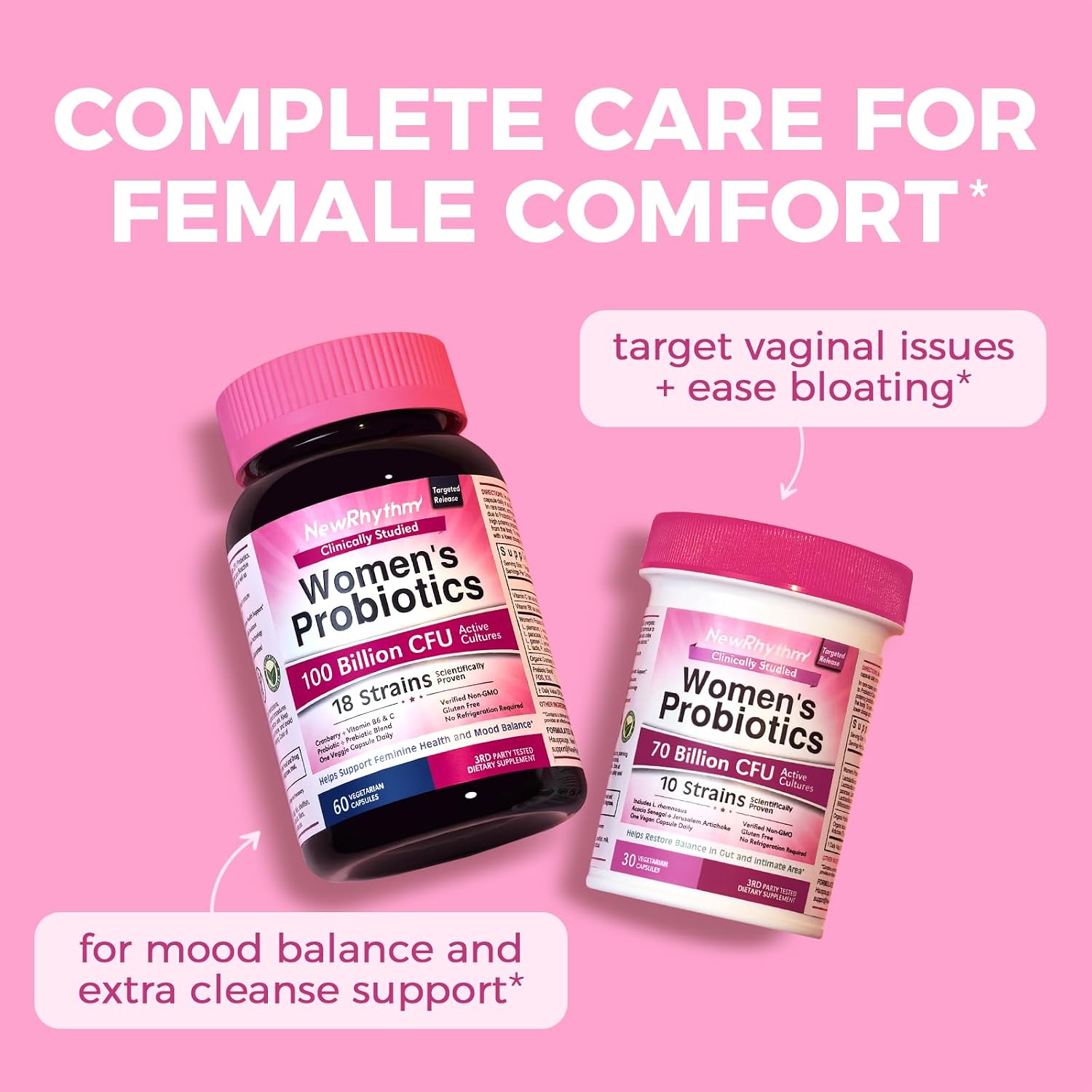 NewRhythm VagFlora Carefree Bundle, Women's Probiotics 100 Billion CFU & Women's Probiotics 70 Billion CFU, PH Balance, Vaginal, Urinary & Digestive Health, Non-GMO