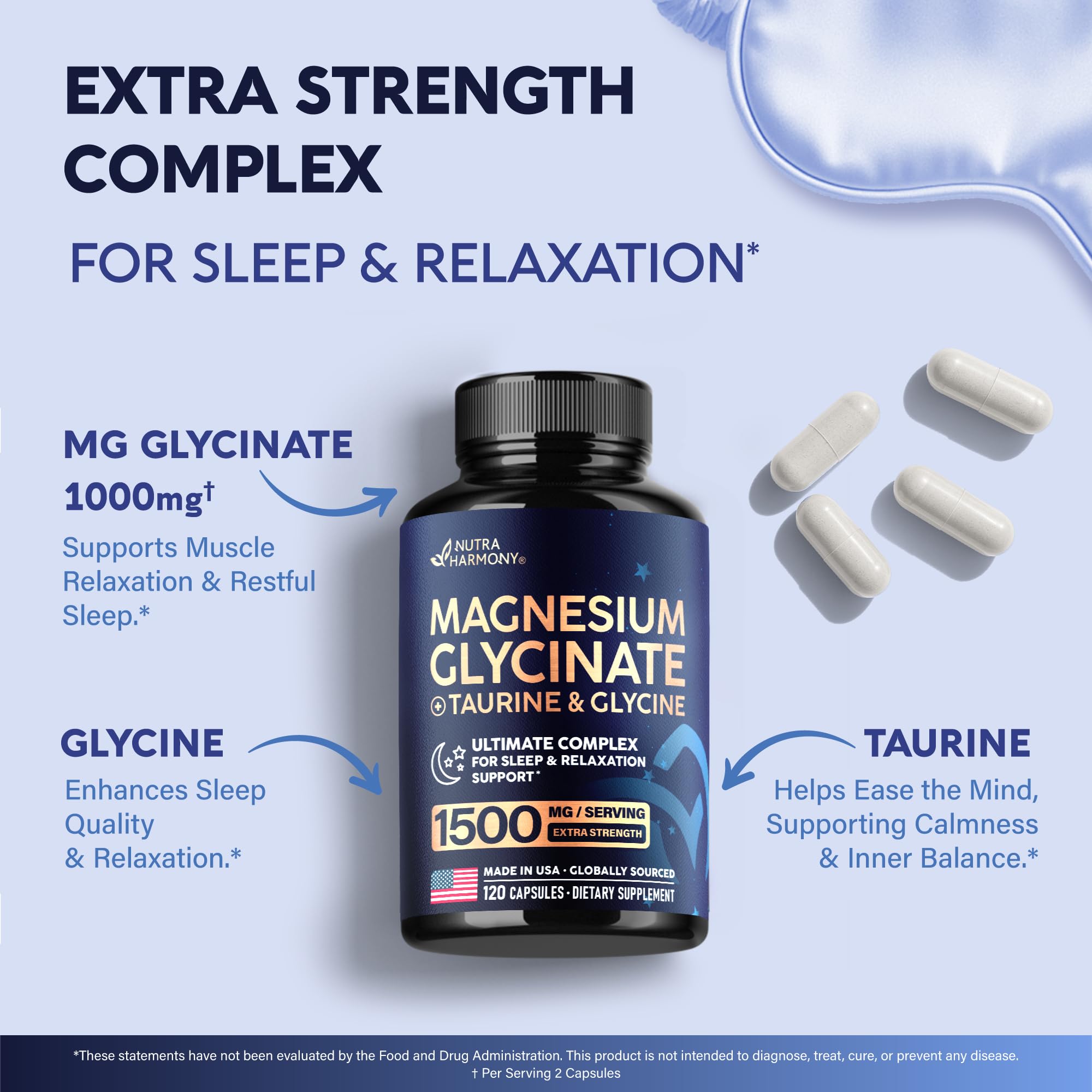 Magnesium Glycinate - Sleep & Relaxation Support - Extra Strength Glycinate, Glycine & Taurine 1500 mg - Magnesium Supplement for Women & Men - Chelated & High Absorption - Made in USA - 120 Capsules NUTRAHARMONYBuy Supplements Australia