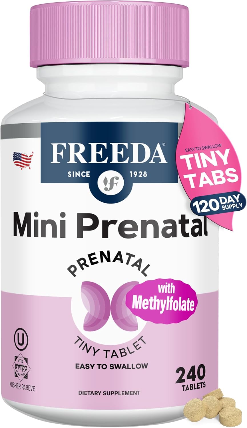 FREEDA Mini Prenatal Vitamins for Pregnant Women – 240 Tiny Tablets | Supports Mother & Baby Nutrition – Includes Methylfolate, Calcium, & Essential Nutrients – Vegan, Kosher, Easy-to-Swallow