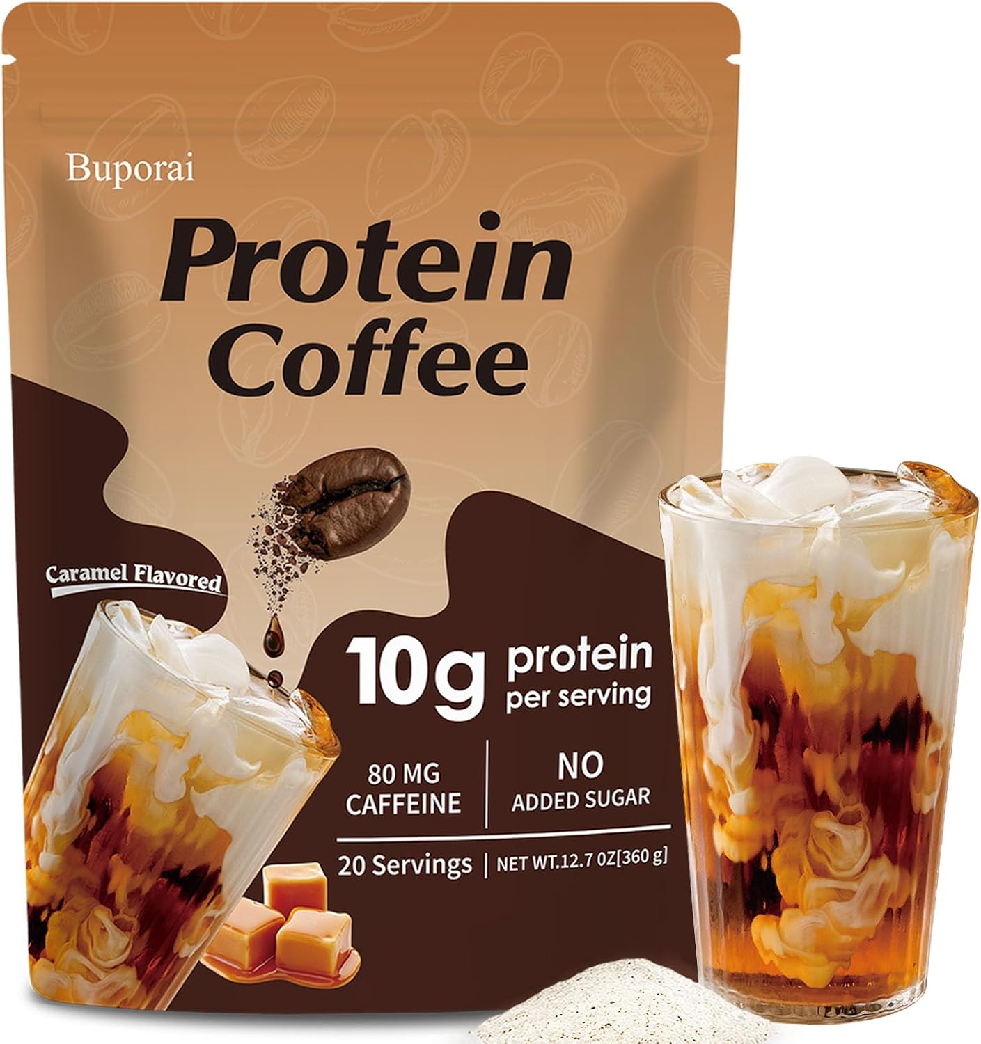 Caramel Protein Coffee Powder - Instant Iced Coffee, Sugar Free, Keto Friendly, 10 g Protein, 80 mg Caffeine Per Serving - 20 Servings