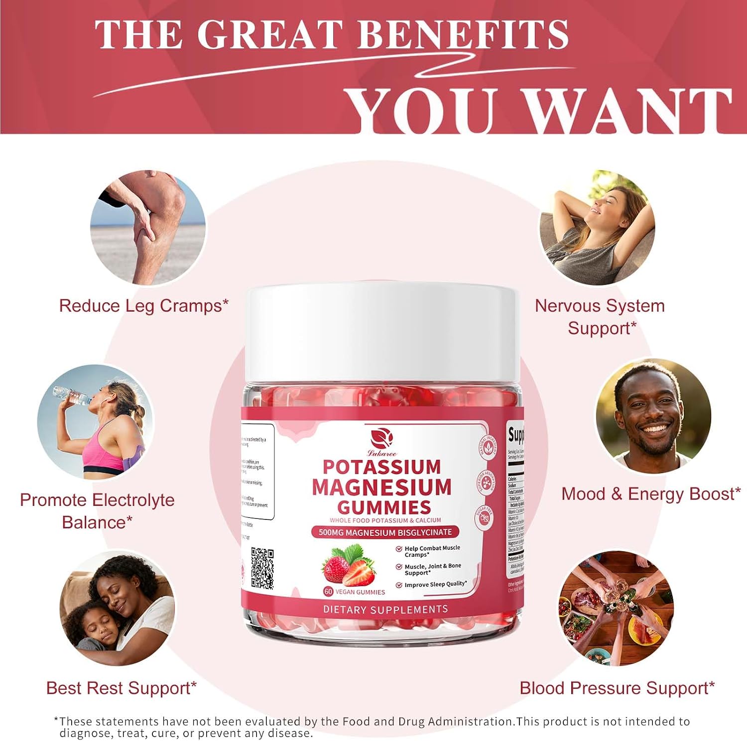 Lukaree Magnesium Potassium Supplement Gummies with Whole Food Calcium | New Formula Calm Magnesium & Plant Potassium Plus Chia Seed, D3, K2 & Calcium for Sleep, Leg Cramps & Muscle -Vegan, 60 Count