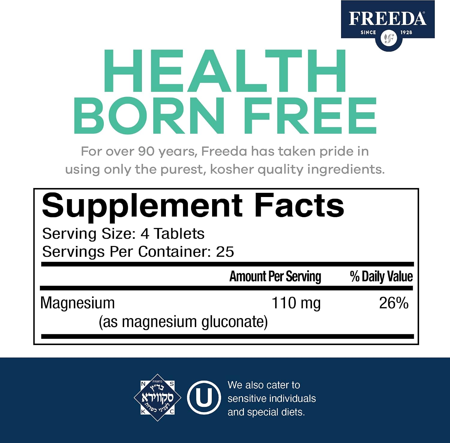 Freeda Magnesium Gluconate Vegan Supplement - 100 Tablets | Gentle and Highly Absorbable Magnesium Gluconate Supplement - Supporting Bone, Nerve & Muscle Function