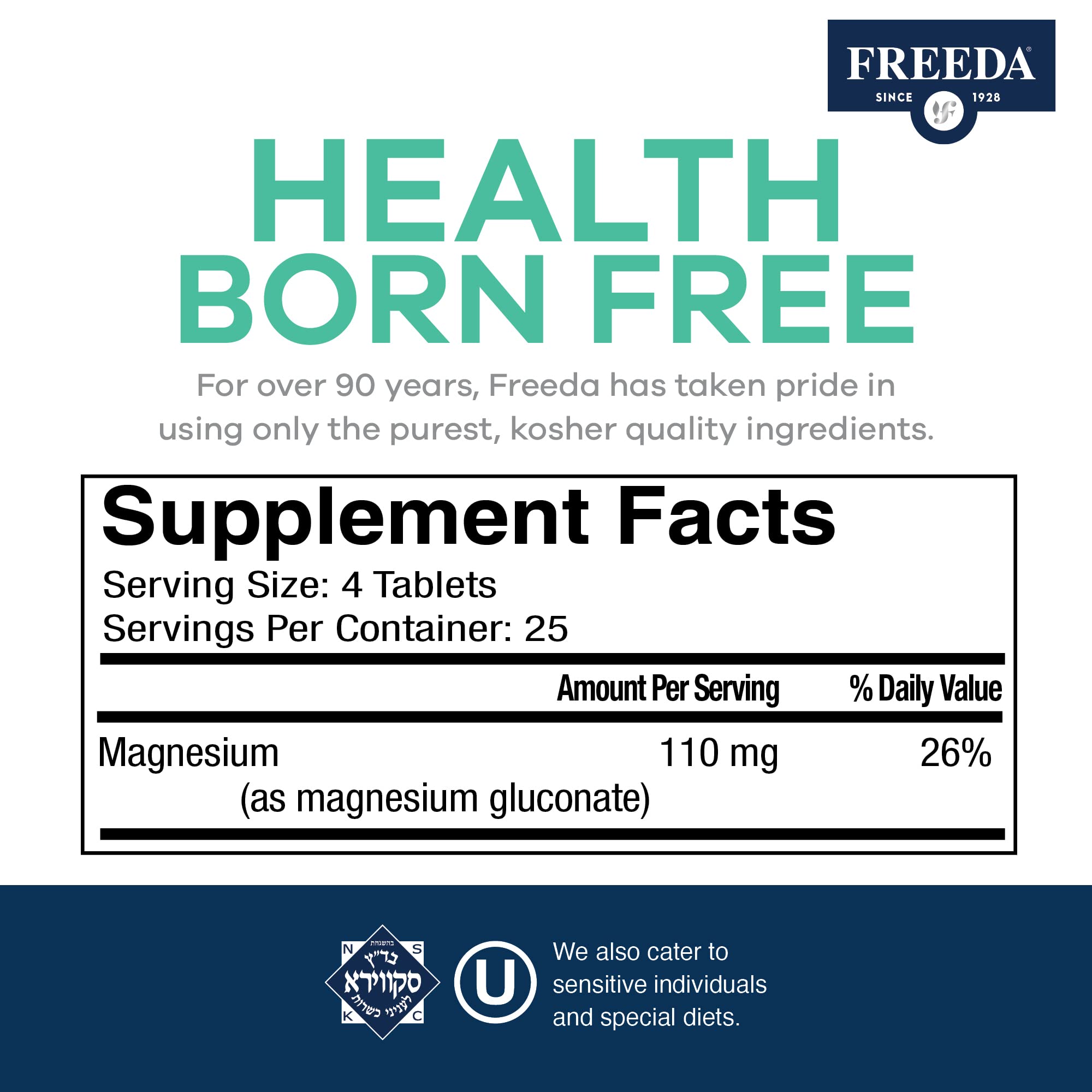 Freeda Magnesium Gluconate Vegan Supplement - 100 Tablets | Gentle and Highly Absorbable Magnesium Gluconate Supplement - Supporting Bone, Nerve & Muscle Function
