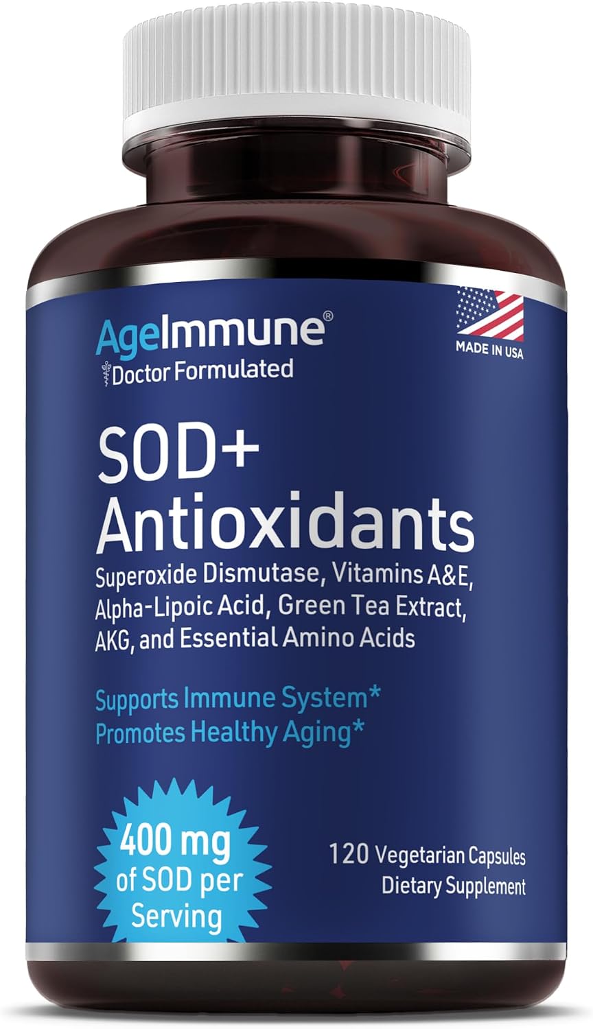 SOD Antioxidants Complex Healthy Aging Supplement - 400mg of Superoxide Dismutase - Alpha Lipoic Acid - Green Tea Extract - L-Arginine - Lysine - AKG - Vitamins A and E for Immune Support-120 Capsules