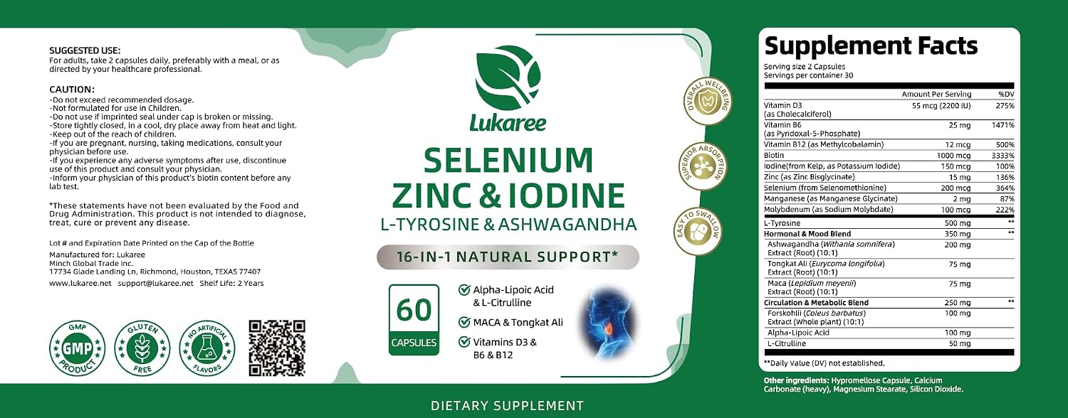 Selenium with Iodine, Zinc L-Tyrosine 500mg, Ashwagandha, Supports Hormone Health, Energy and Metabolism, Mood Balance, 16-in-1 Multivitamin Formula with Vitamin D3, B6, B12, 90 Capsules, GMP Tested