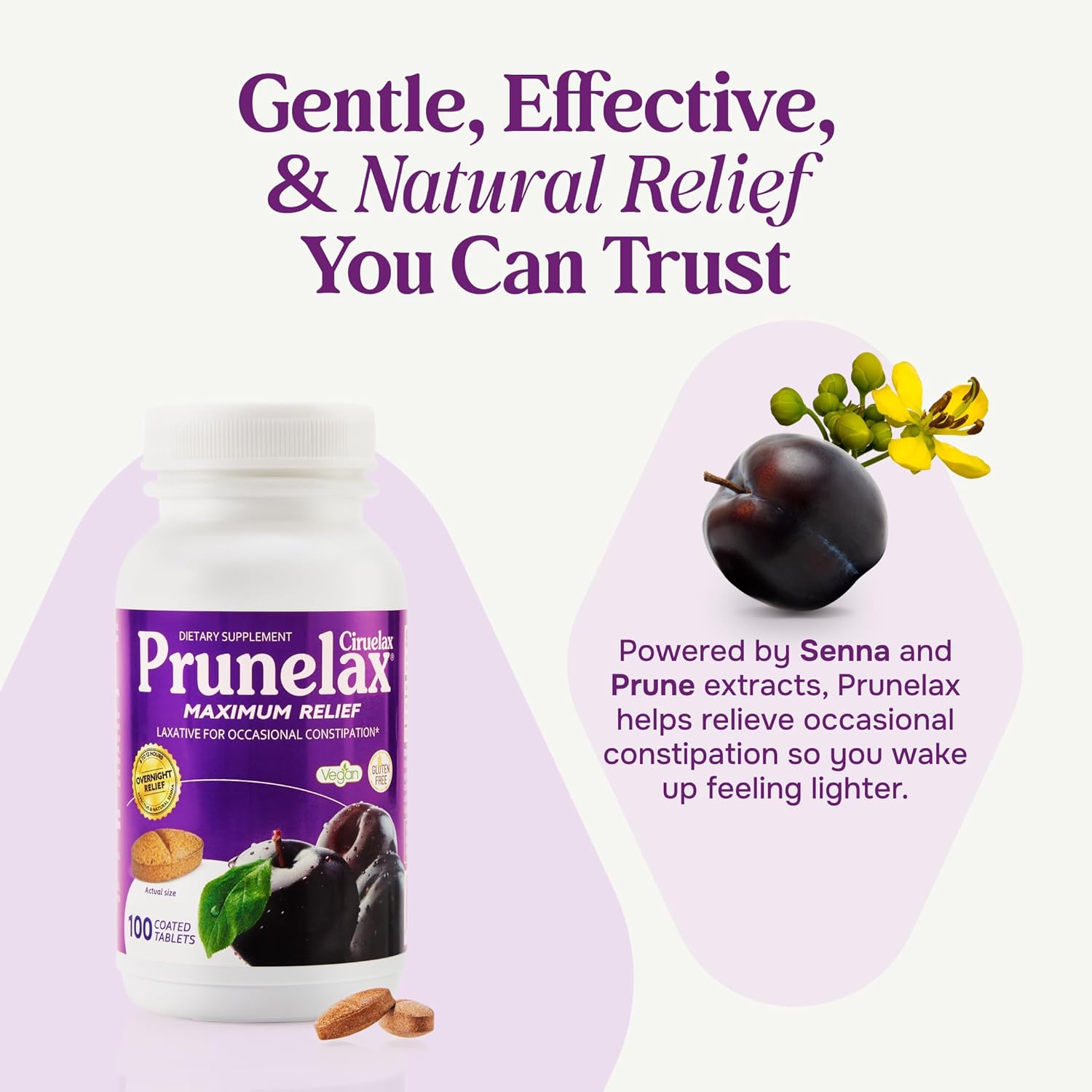 Prunelax Ciruelax Maximum Relief Laxative Tablets with Natural Senna for Occasional Constipation, Senna Extract, Vegan & Gluten-Free, Gentle Overnight Relief - 100ct